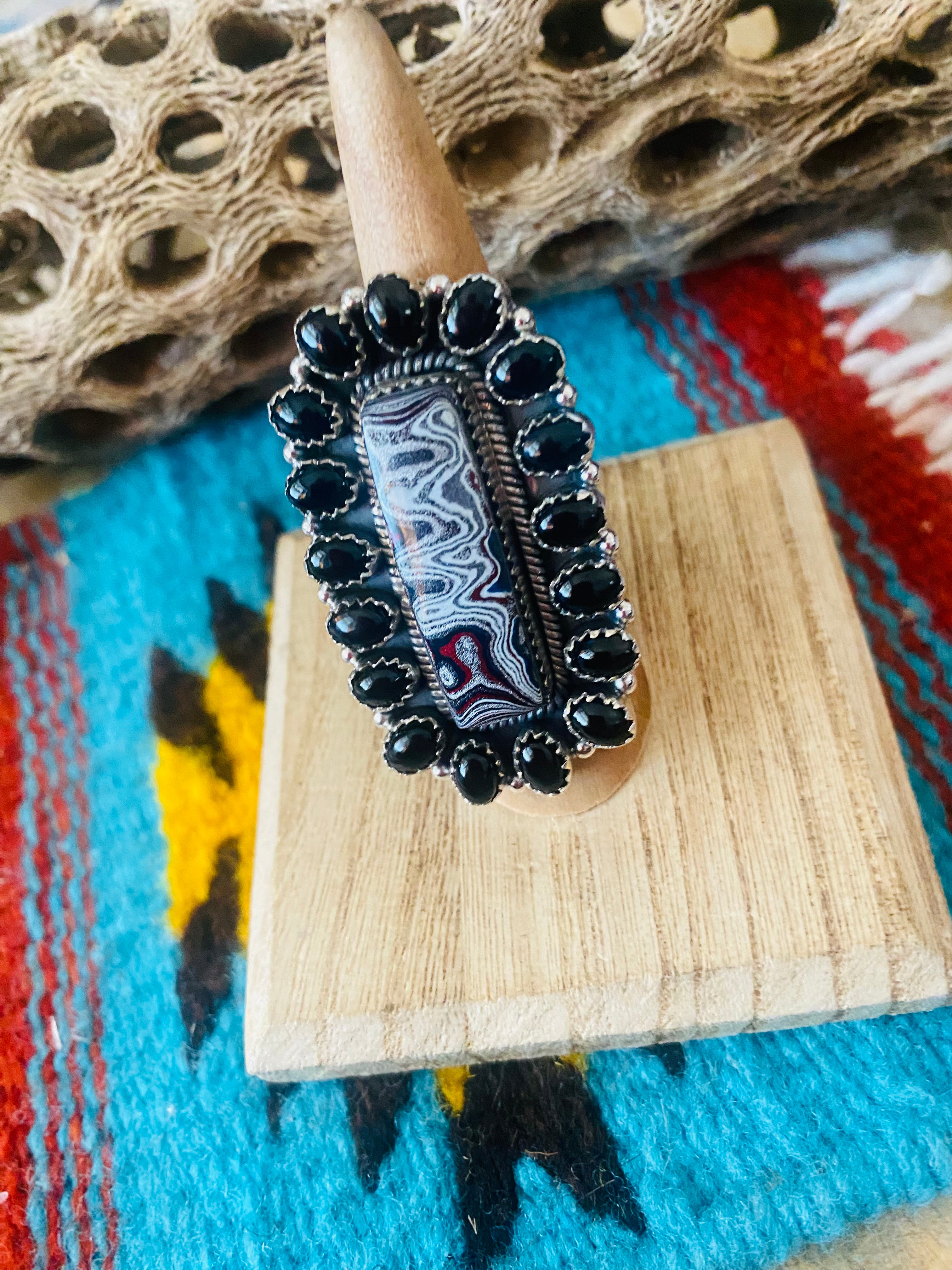 Handmade Sterling Silver, Fordite & Onyx Cluster Adjustable Ring