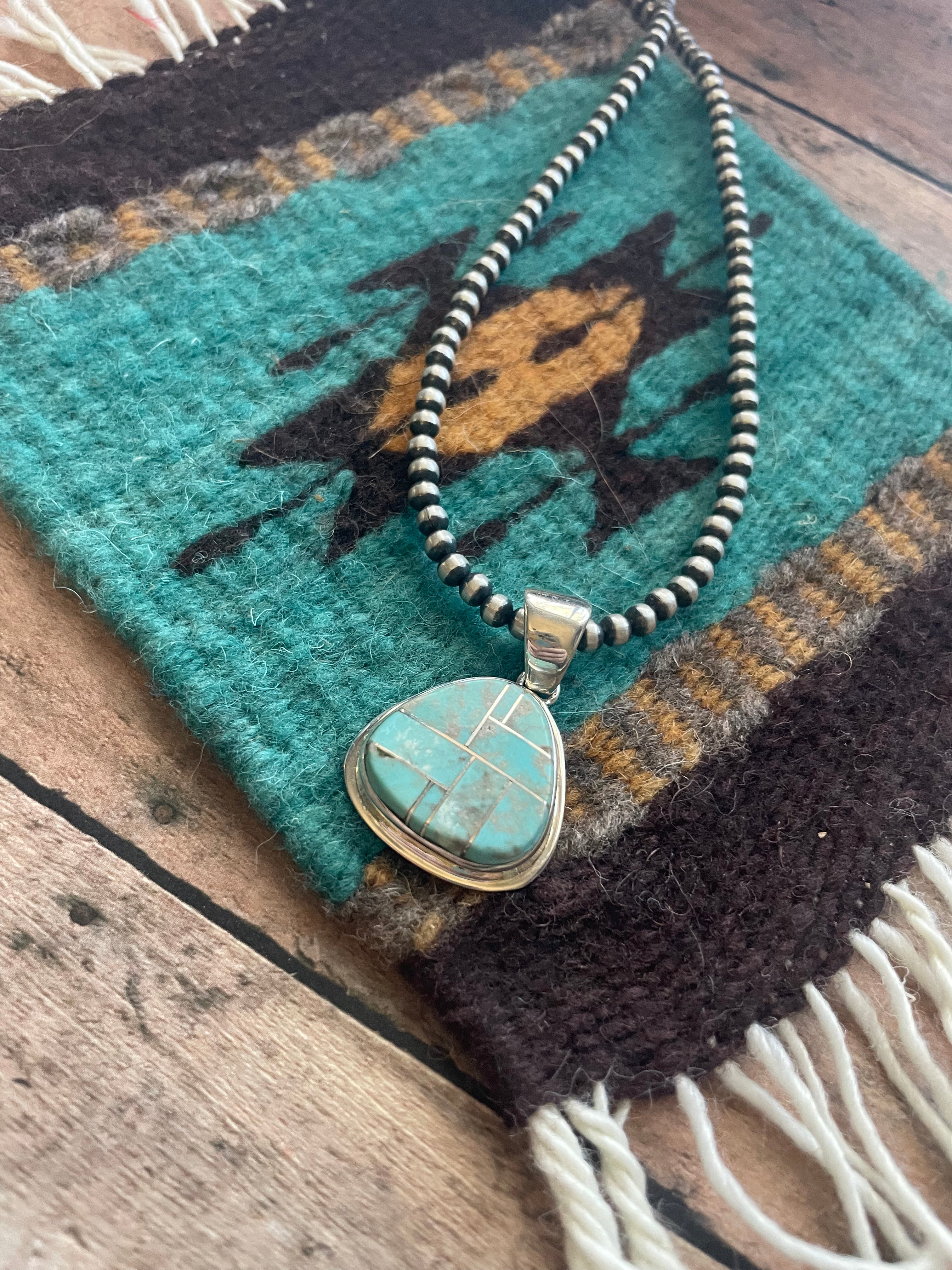 Number 8 Turquoise Inlay & Sterling Silver Pendant