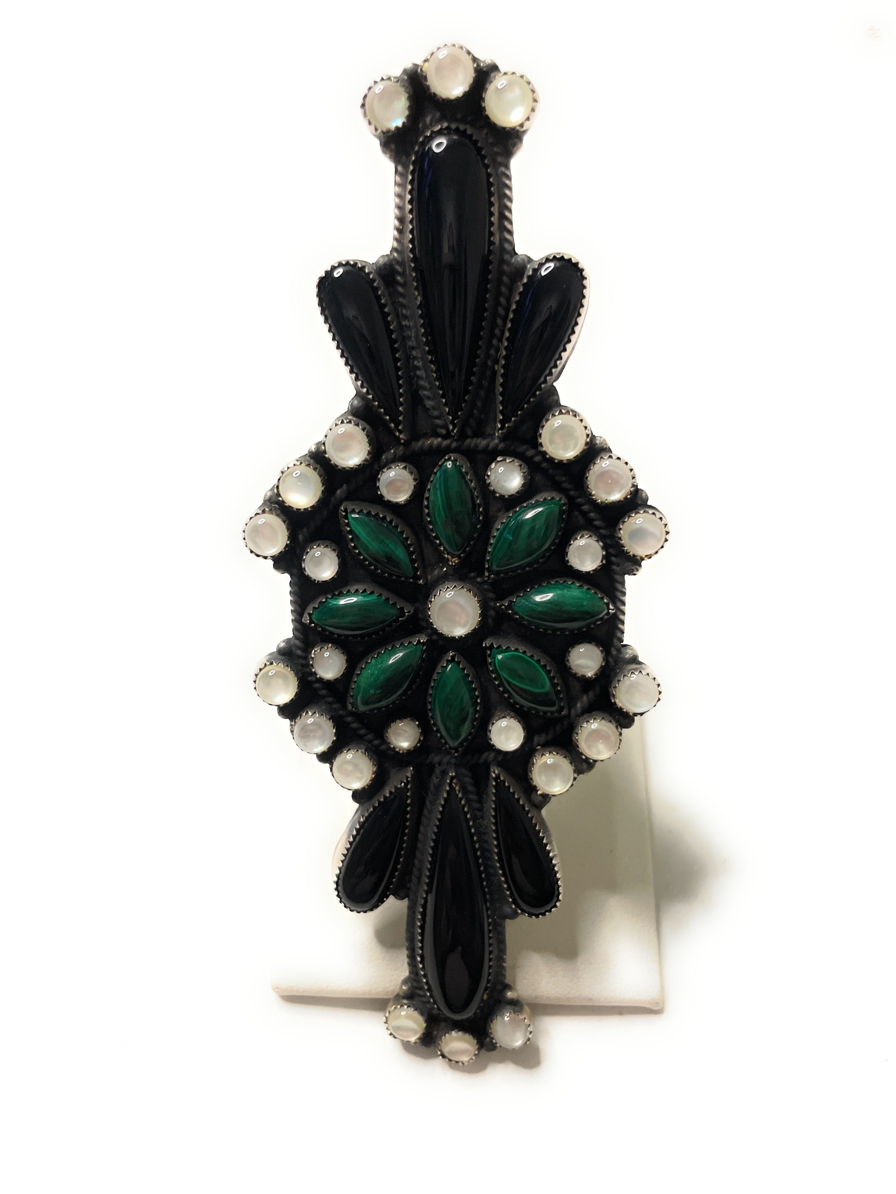 Navajo Sterling Silver Black Onyx And Malachite  Statement Ring Size 8 By Devon Brown