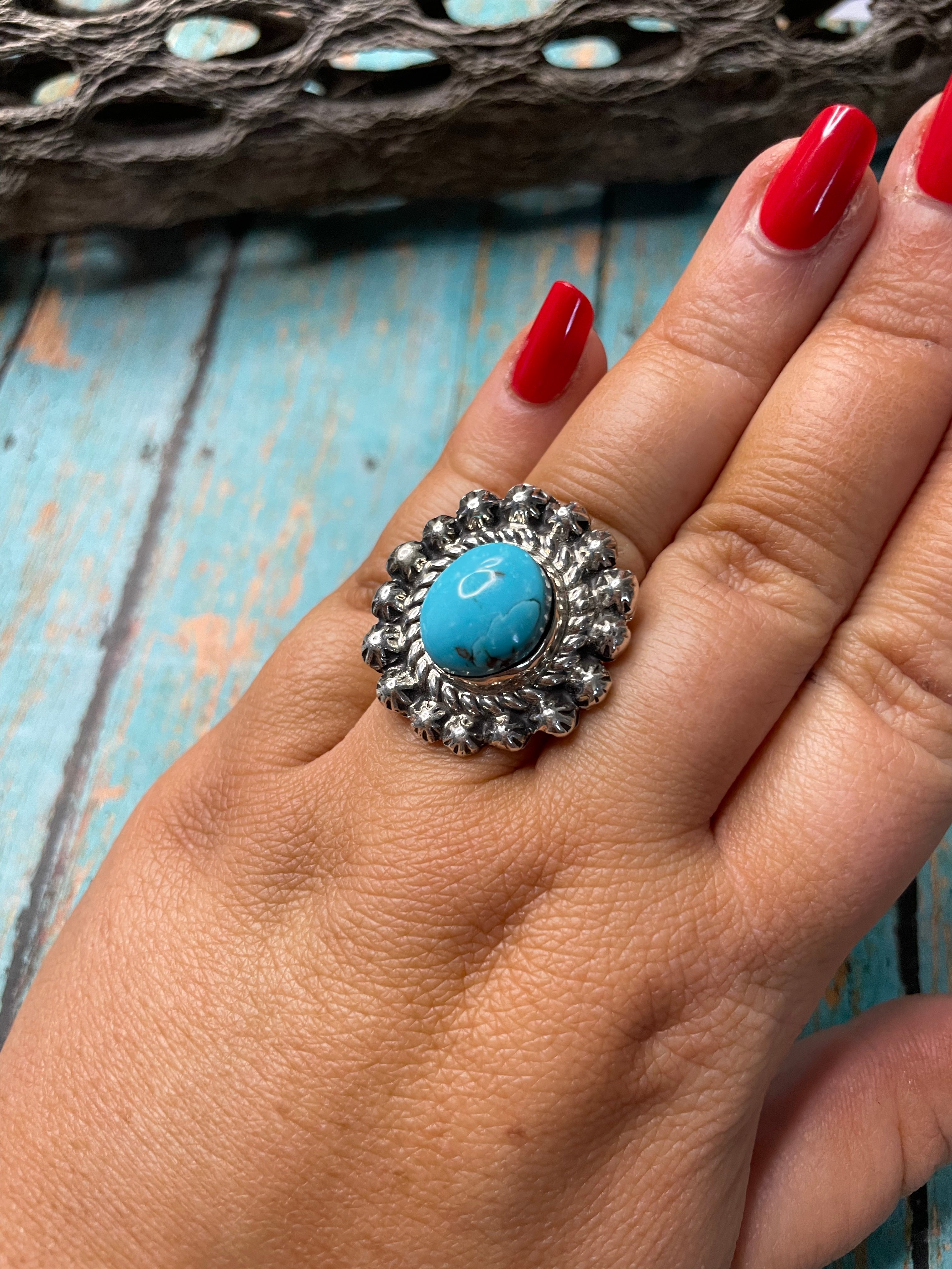 Old Pawn Navajo Sterling Silver & Turquoise Ring Size 7.5