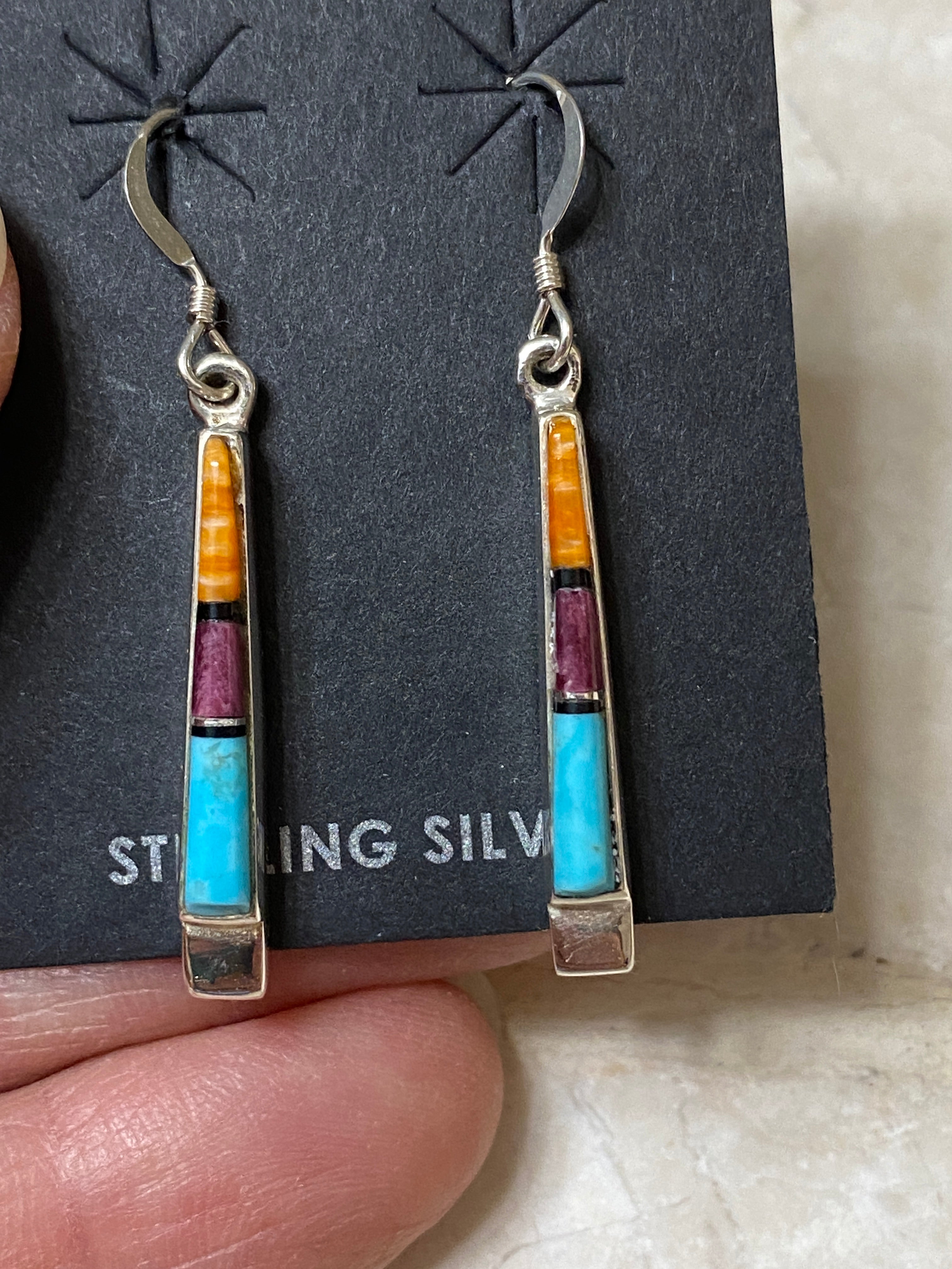 Navajo Turquoise Orange Spiny Dangle Straight Earrings