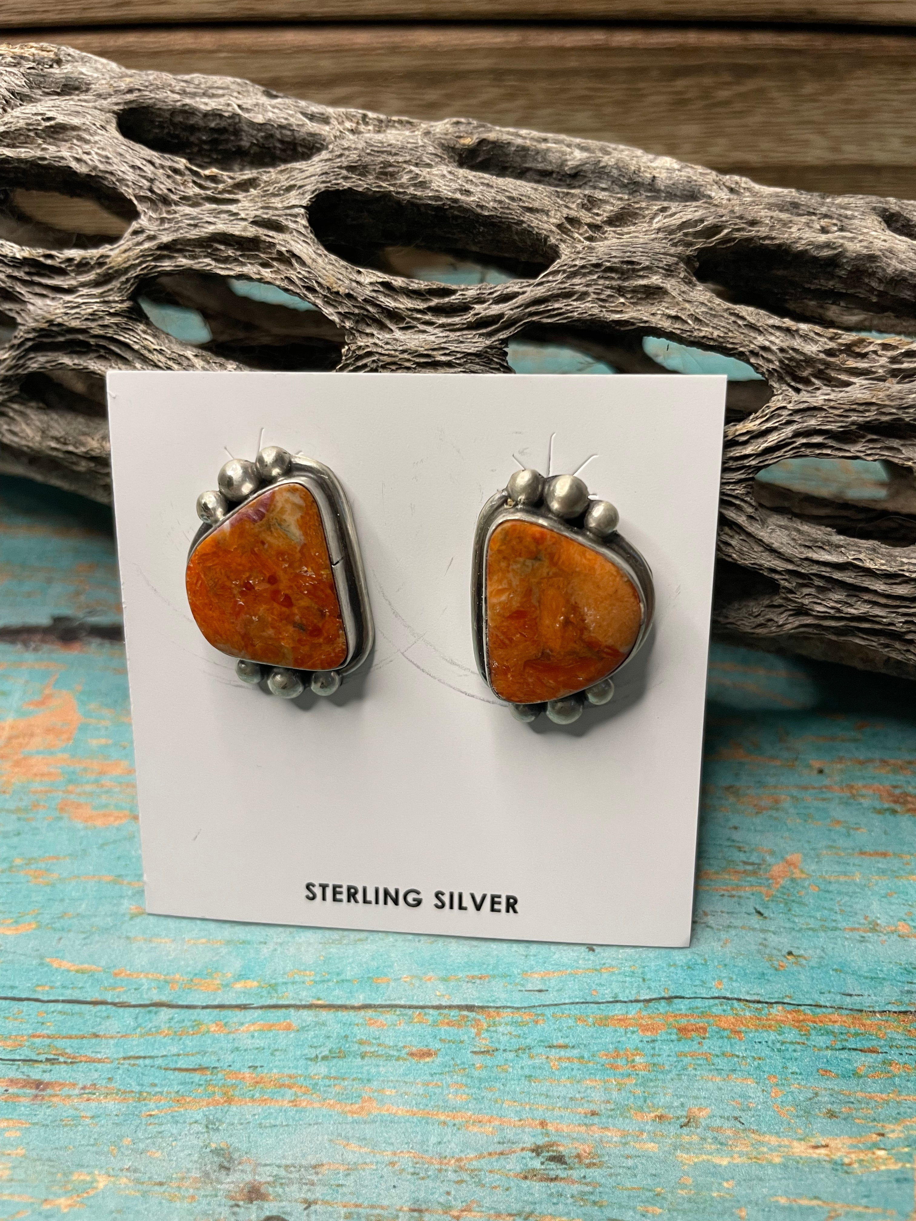 Navajo Apple Coral And Sterling Silver Post Earrings Signed