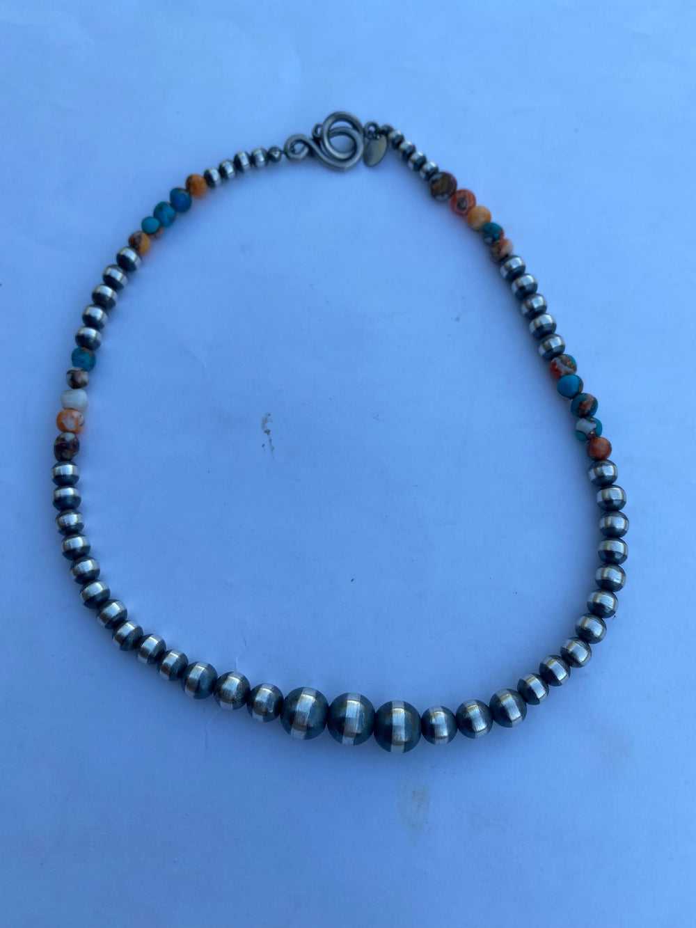 Handcrafted Turquoise & Spiny Spice Sterling Silver Beaded Necklace 14 inch
