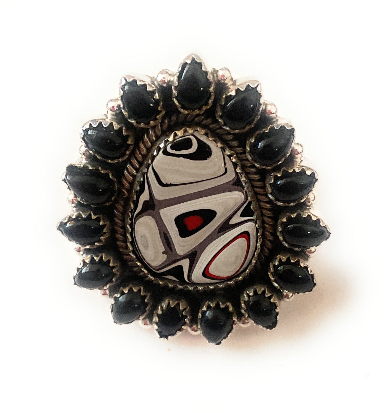 Handmade Sterling Silver, Fordite & Onyx Cluster Adjustable Ring