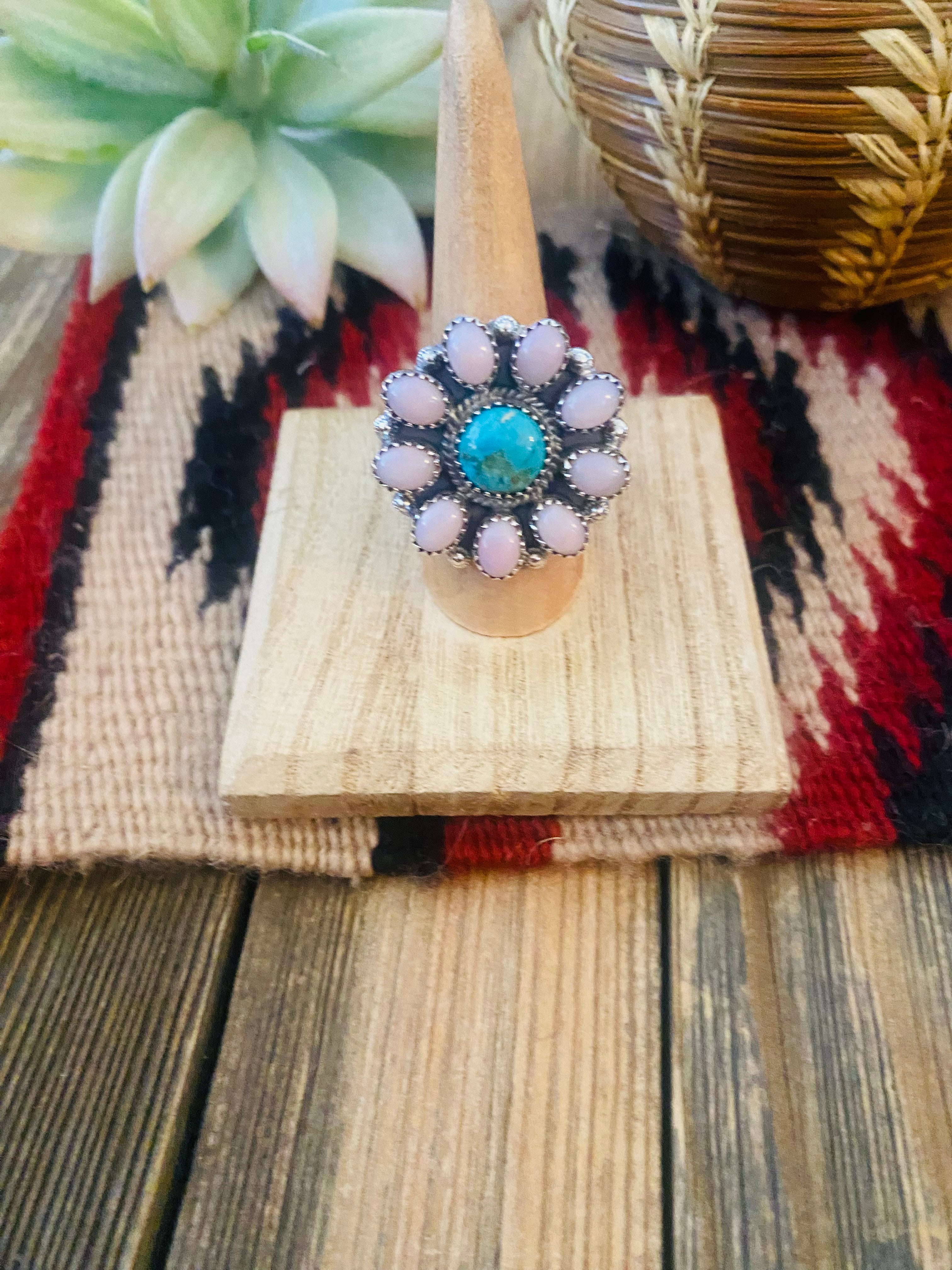 Handmade Sterling Silver, Mother of Pearl & Turquoise Cluster Adjustable Ring