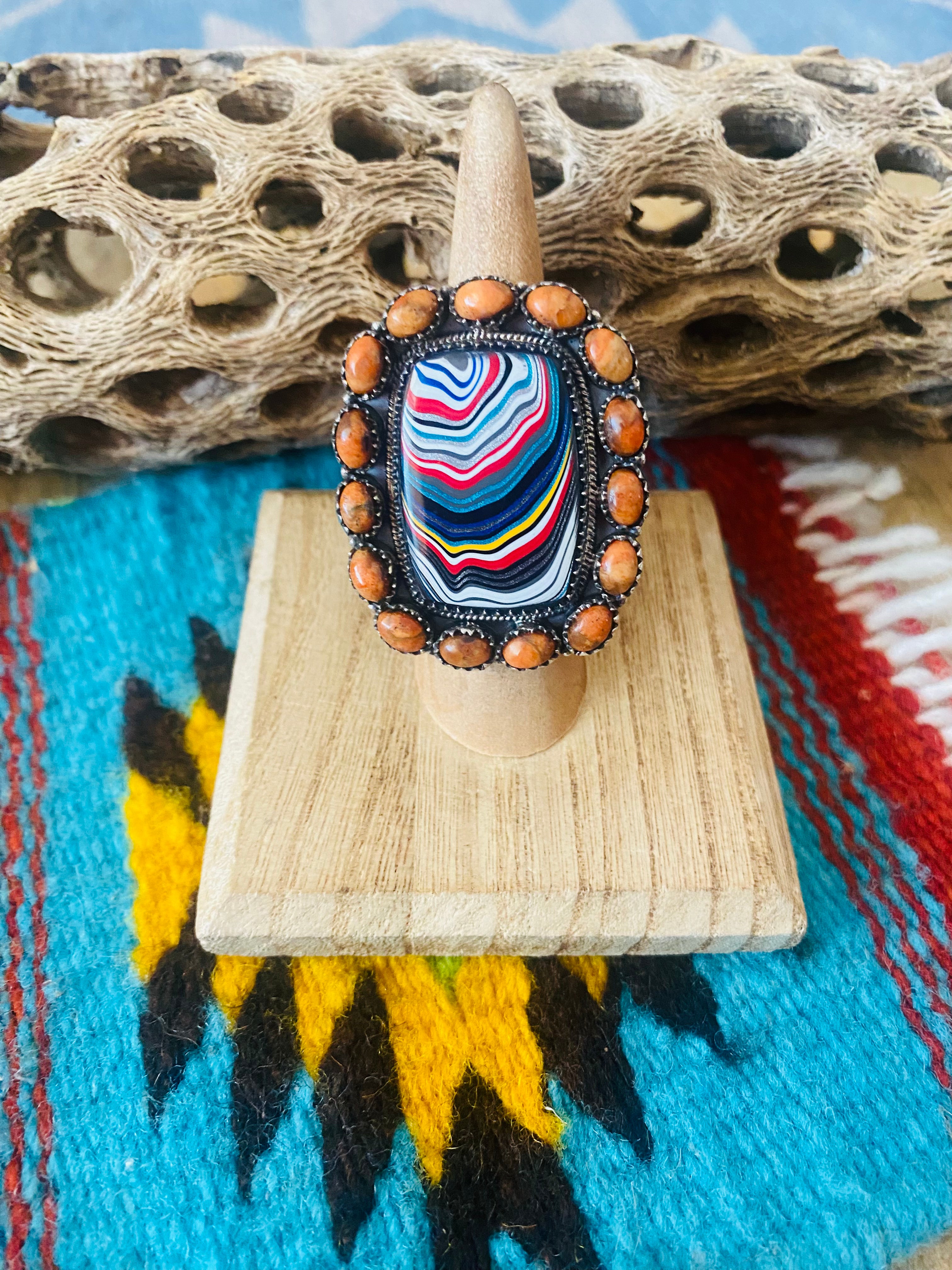 Handmade Sterling Silver, Fordite & Orange Mohave Cluster Adjustable Ring