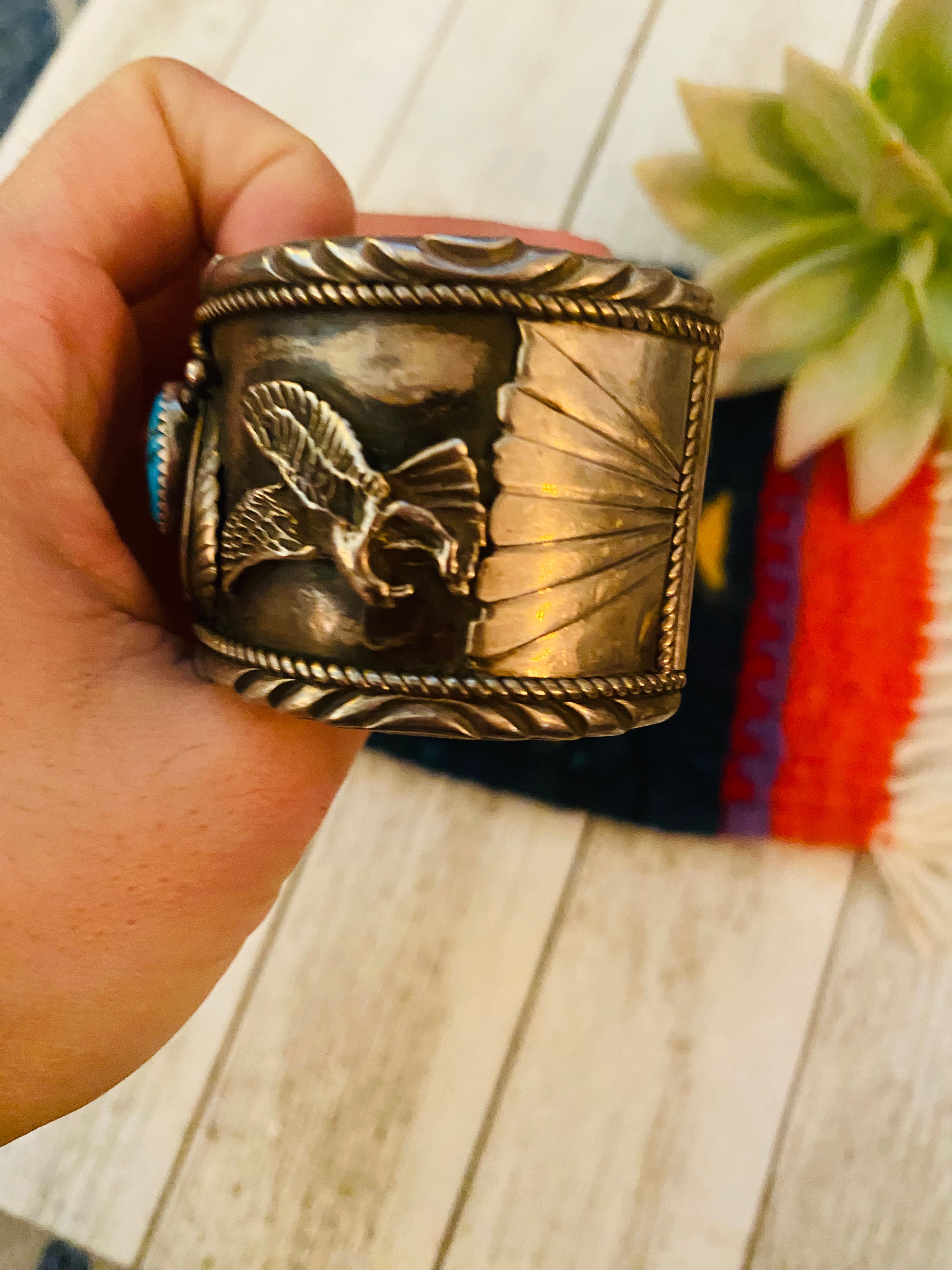 Navajo Old Pawn Vintage Turquoise, Coral & Sterling Silver Cuff Bracelet