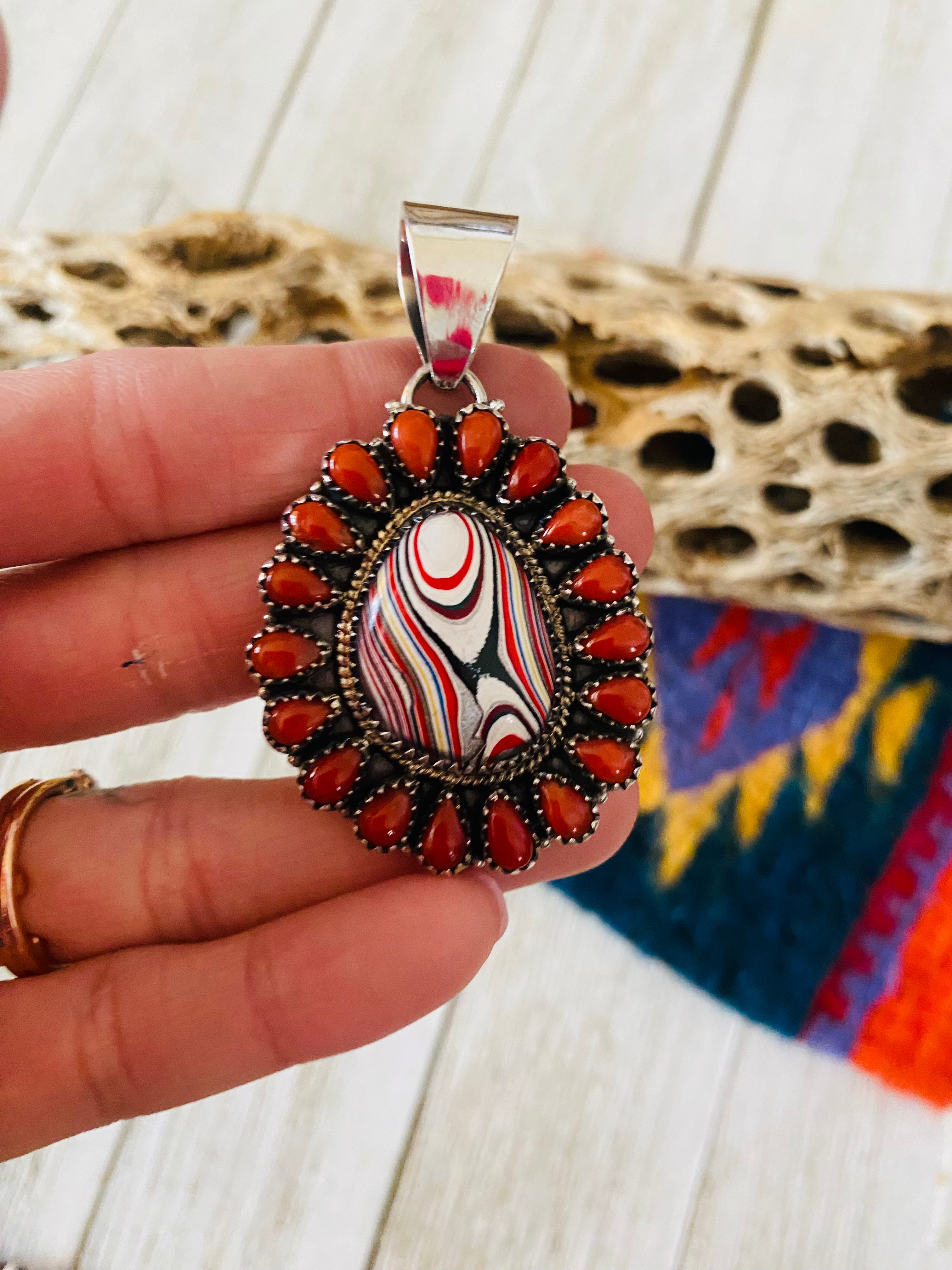 Handmade Sterling Silver, Fordite & Coral Cluster Pendant