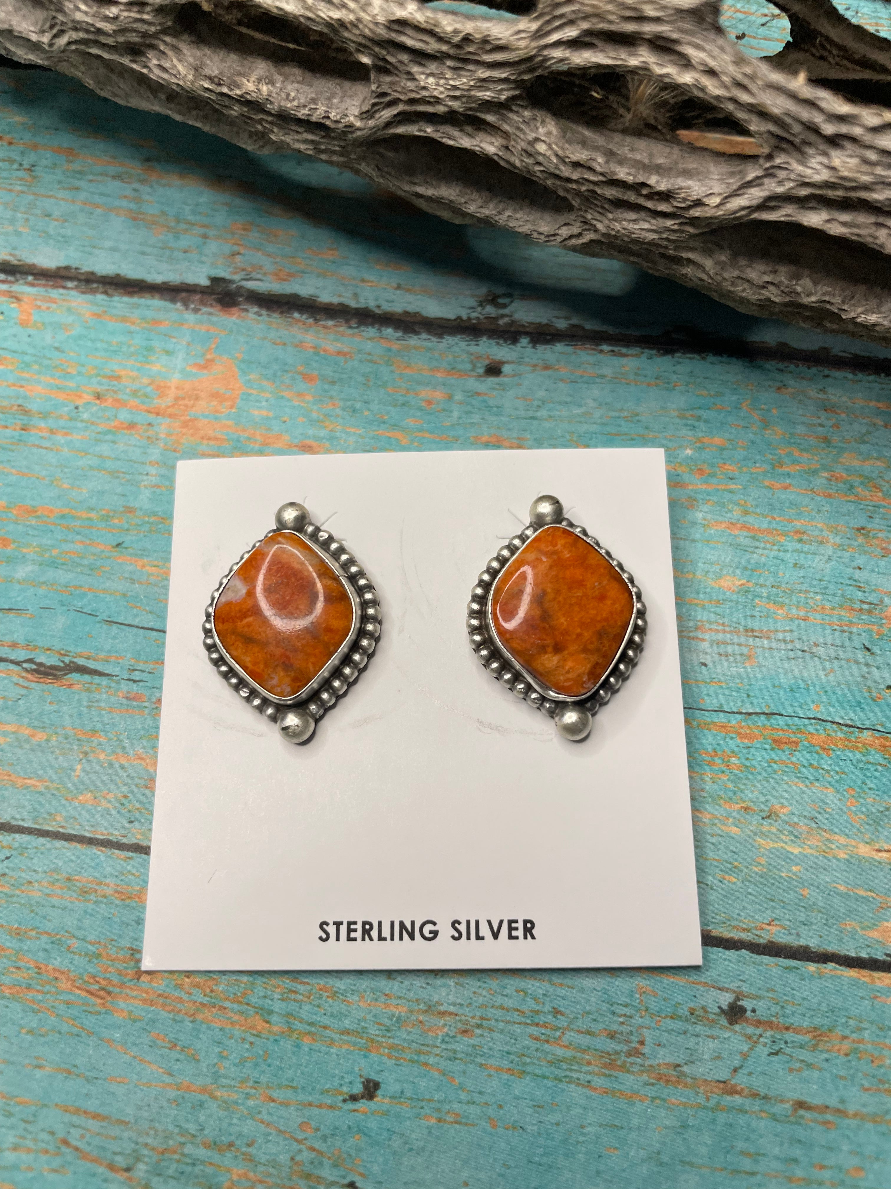 Navajo Apple Coral And Sterling Silver Post Earrings Signed