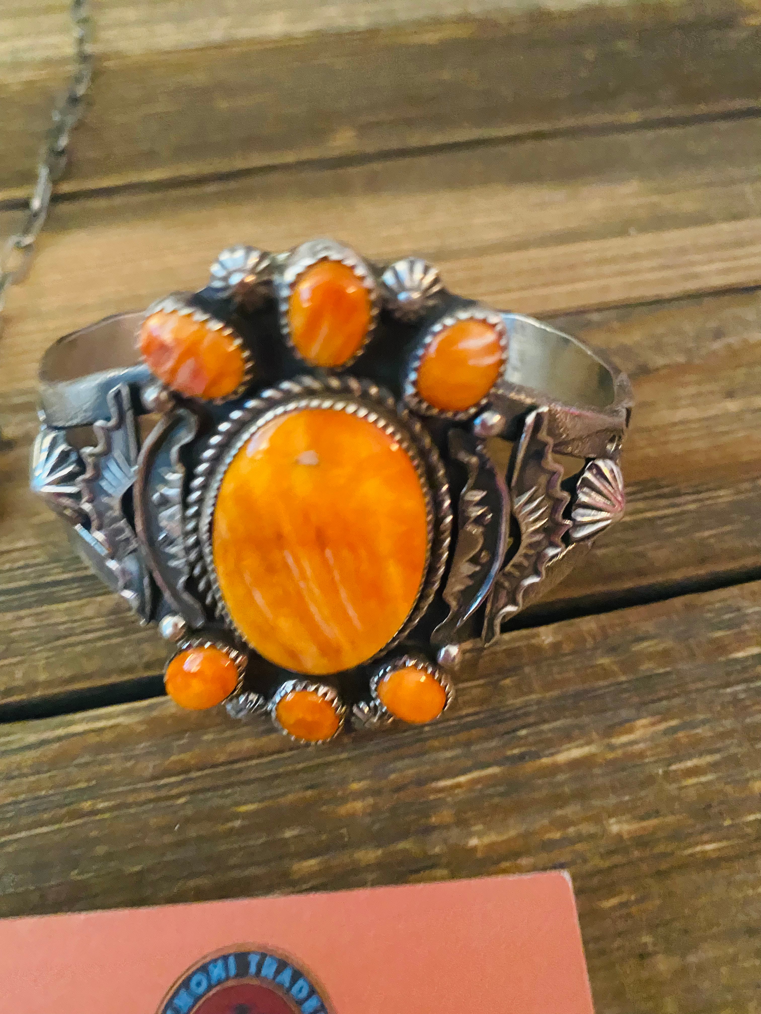 Navajo Orange Spiny And Sterling Silver 4 Piece Set by Kevin Billah