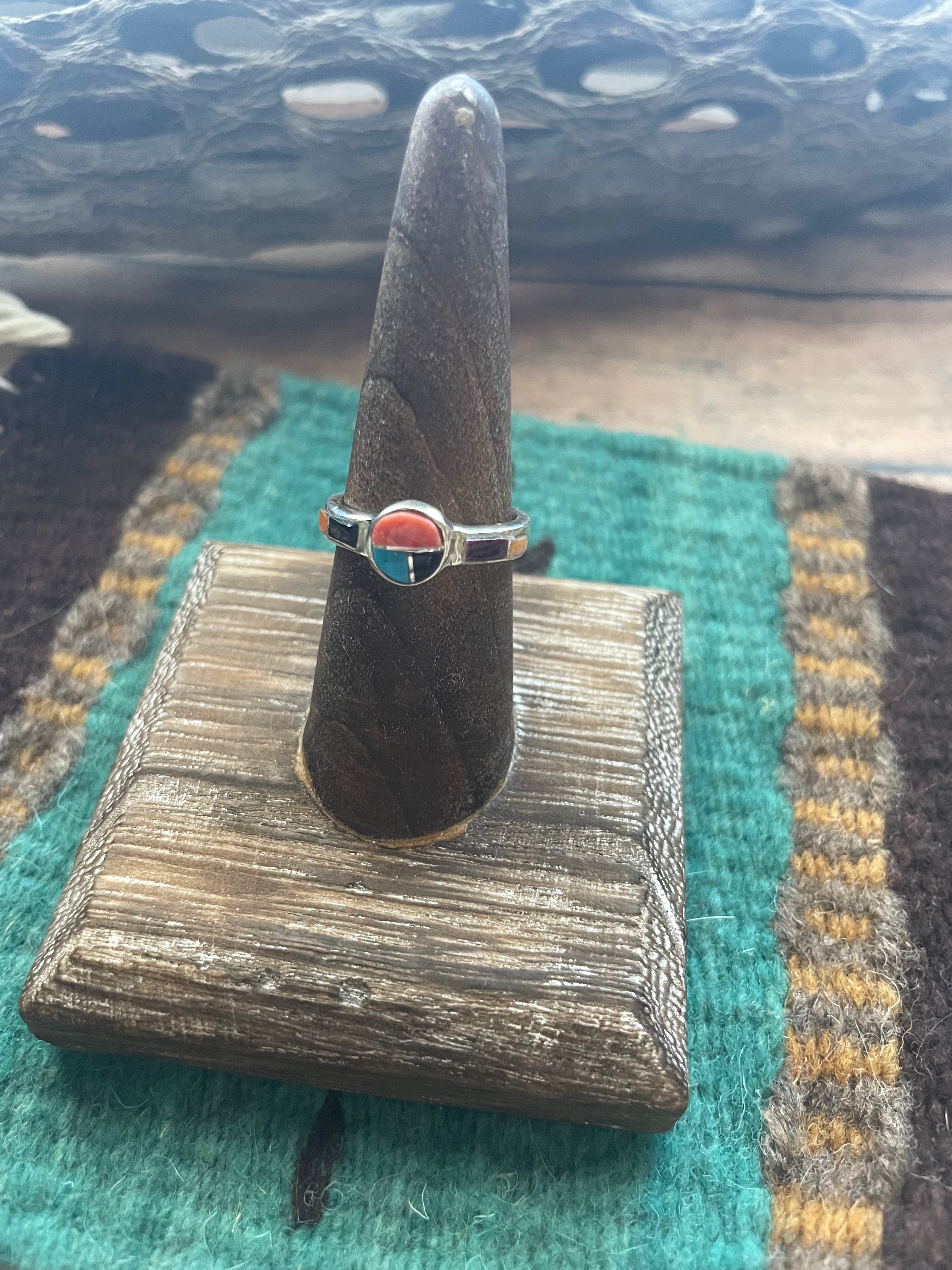 Navajo Sterling Silver & Multi Stone Inlay Ring Size 7.5