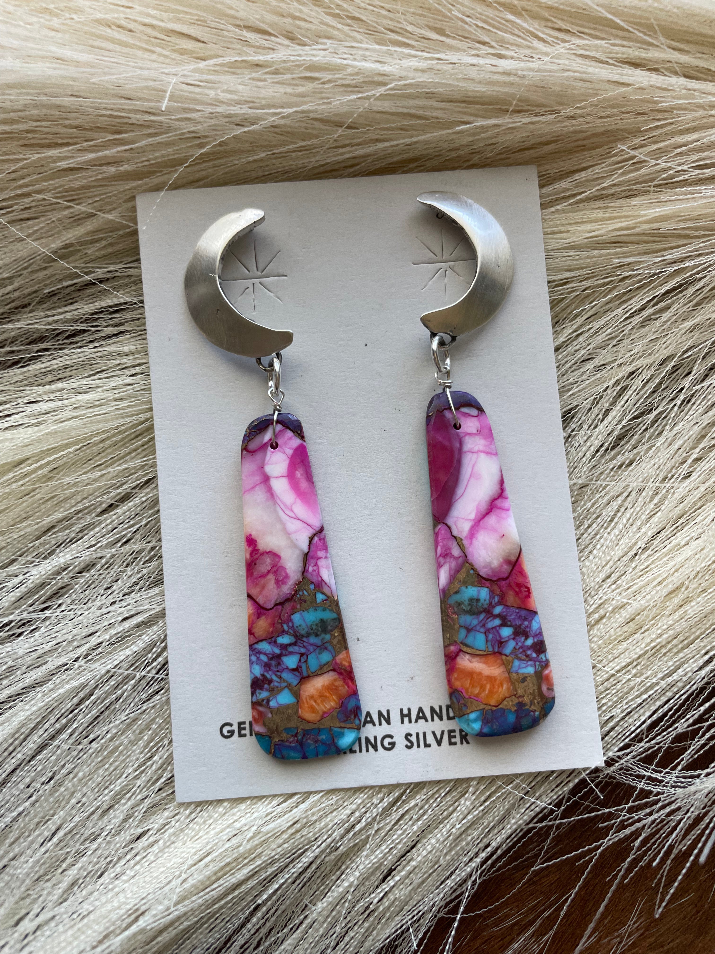 Navajo Pink Dream Mohave & Sterling Silver Moon Slab Dangles