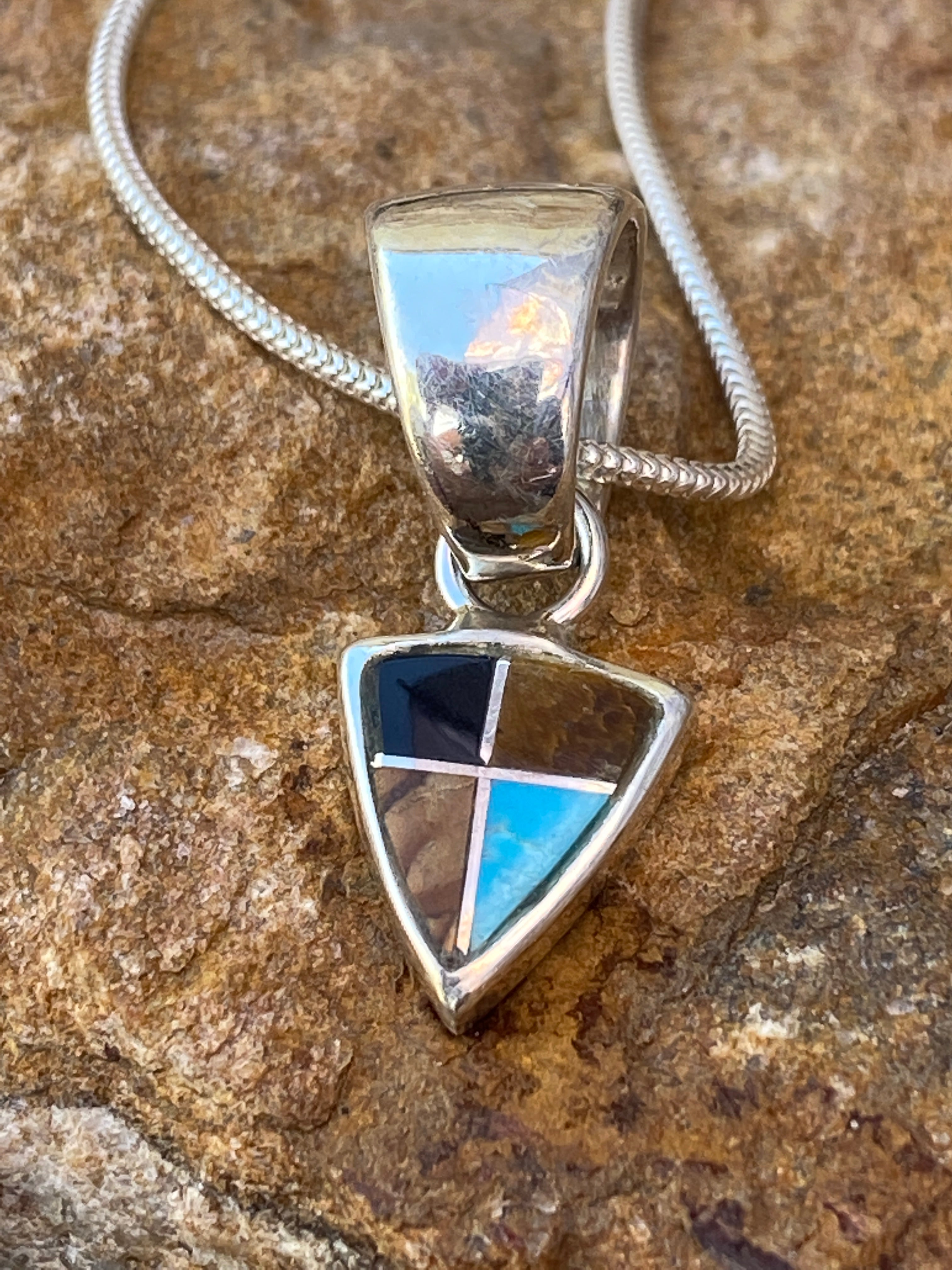 Navajo Turquoise, Onyx, Petrified Wood Triangle Pendant