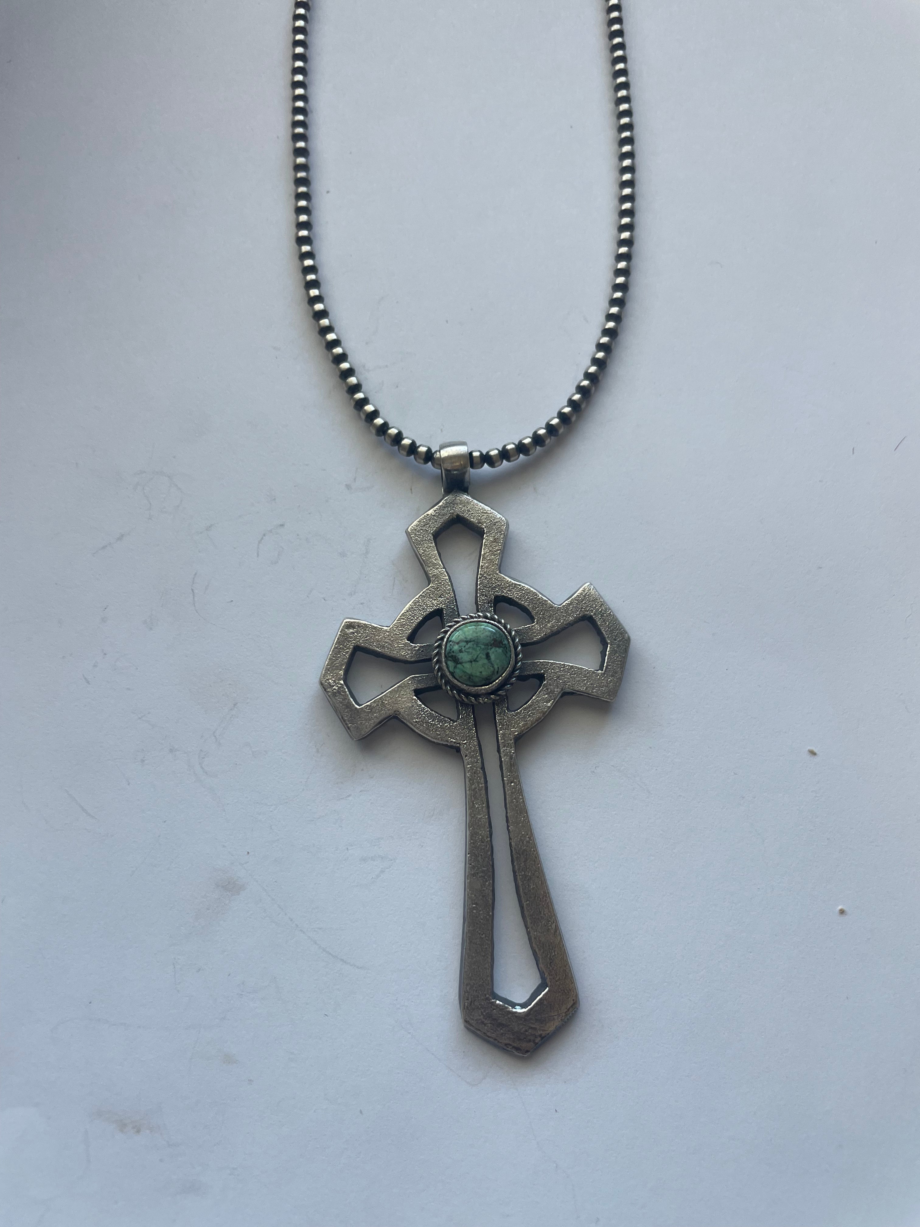 Navajo Sterling Silver & Turquoise Cross Pendant Signed Eugene Mitchell