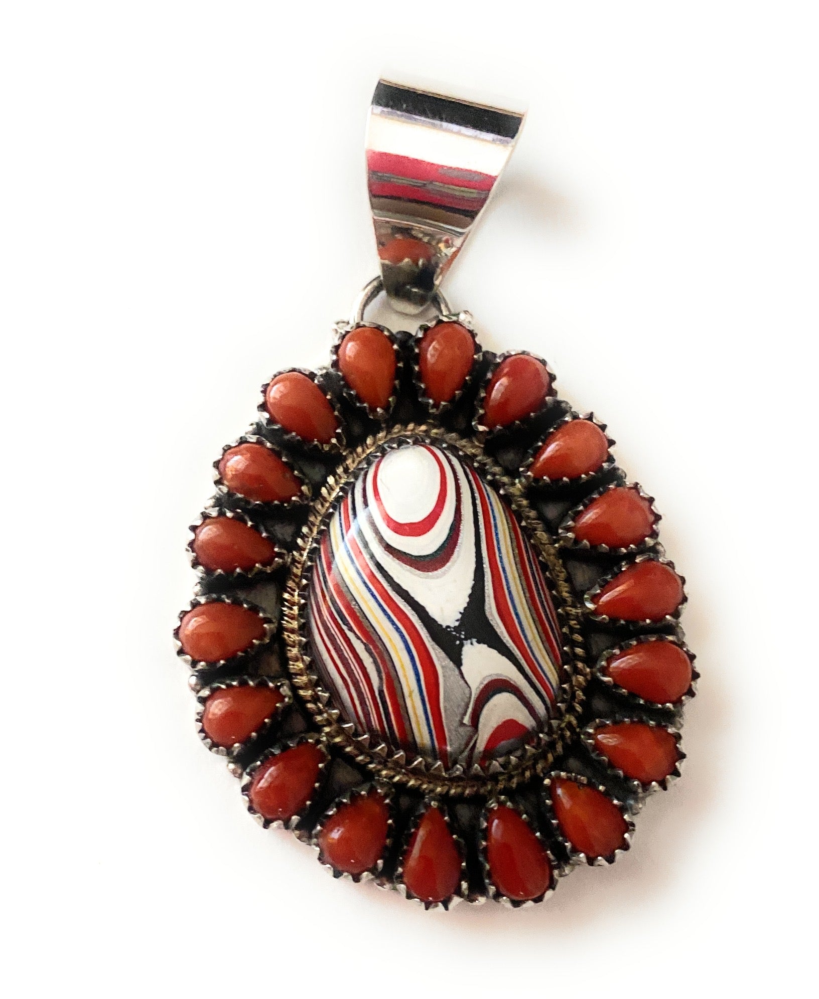 Handmade Sterling Silver, Fordite & Coral Cluster Pendant