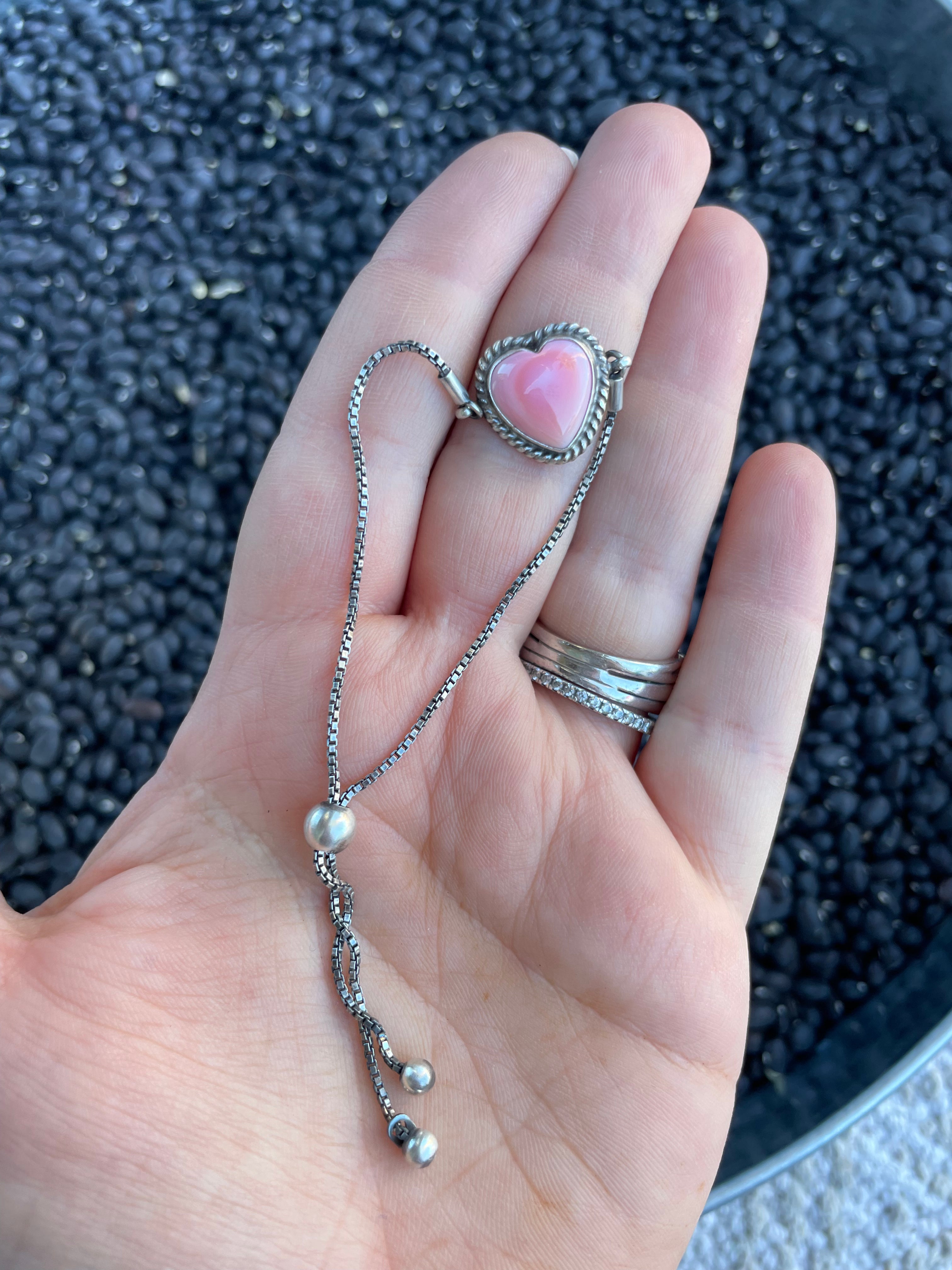 Navajo Queen Pink Conch Shell & Sterling Silver Heart Bracelet By P. Skeets