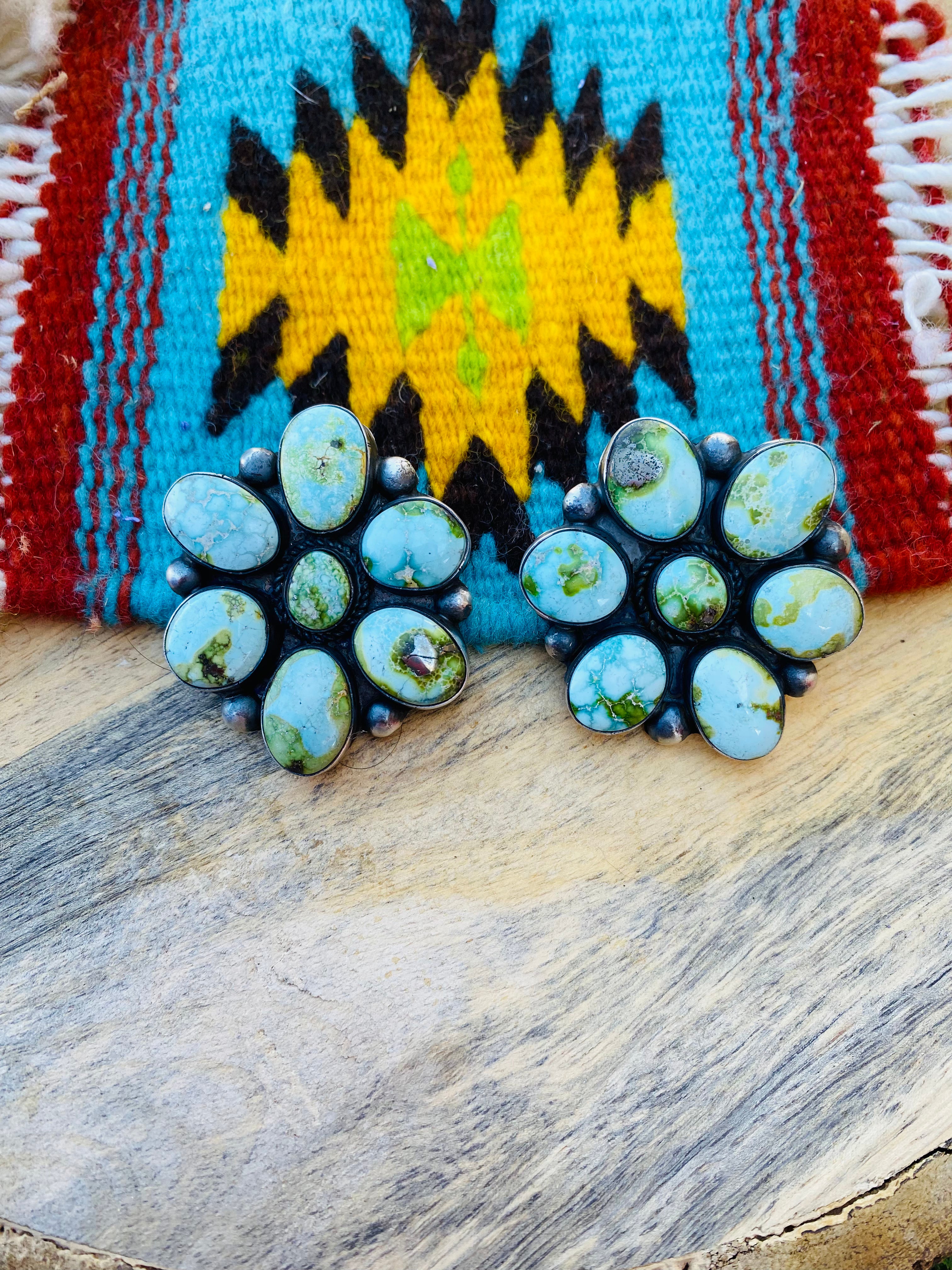 Navajo Sterling Silver & Sonoran Gold Turquoise Cluster Earrings