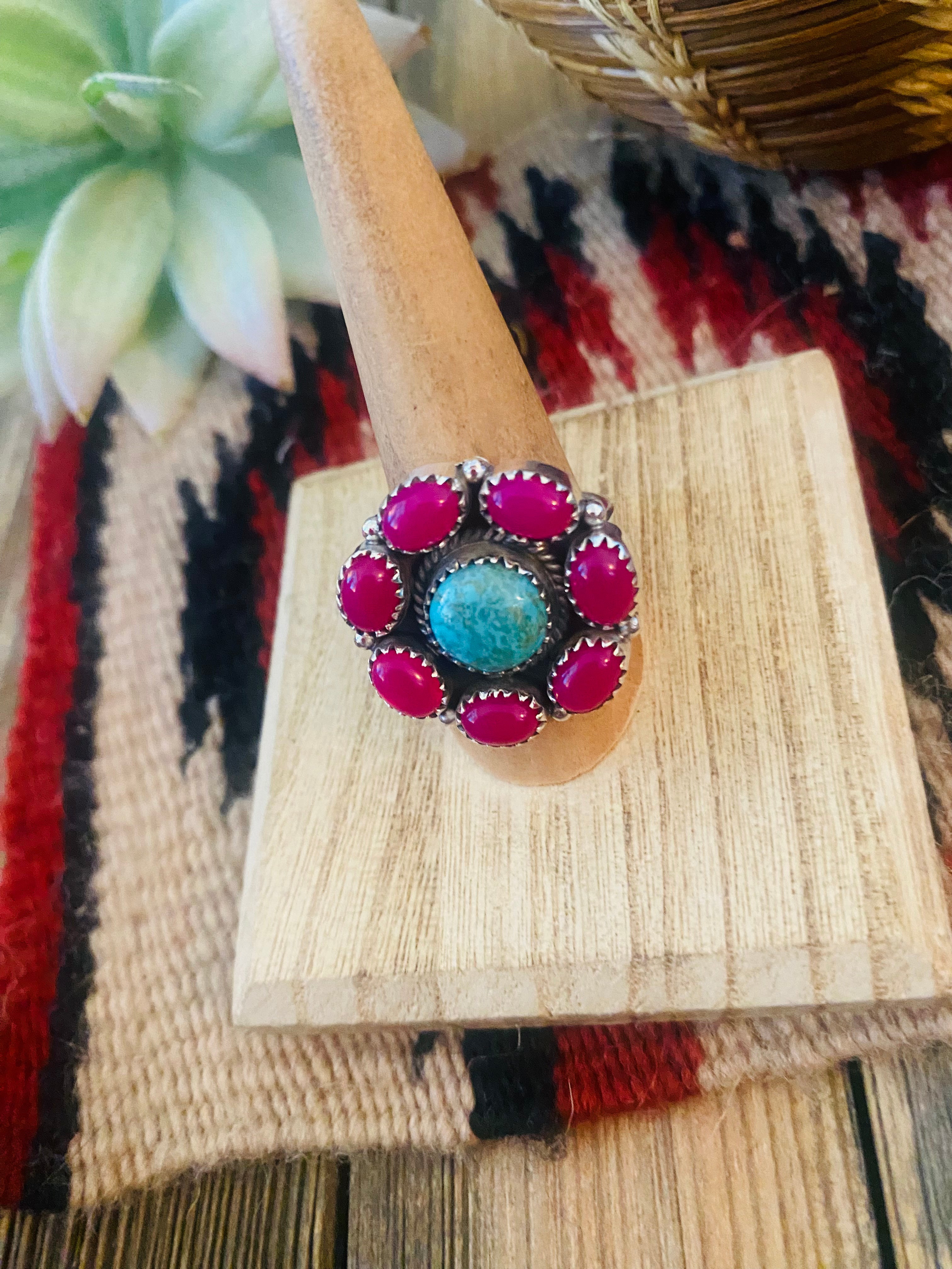 Handmade Sterling Silver, Pink Onyx & Turquoise Cluster Adjustable Ring