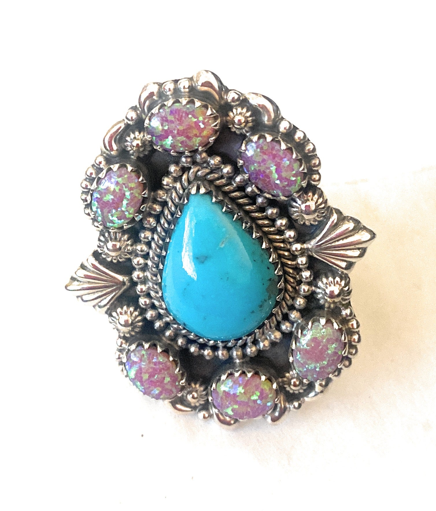 Handmade Sterling Silver, Turquoise & Opal Cluster Adjustable Ring