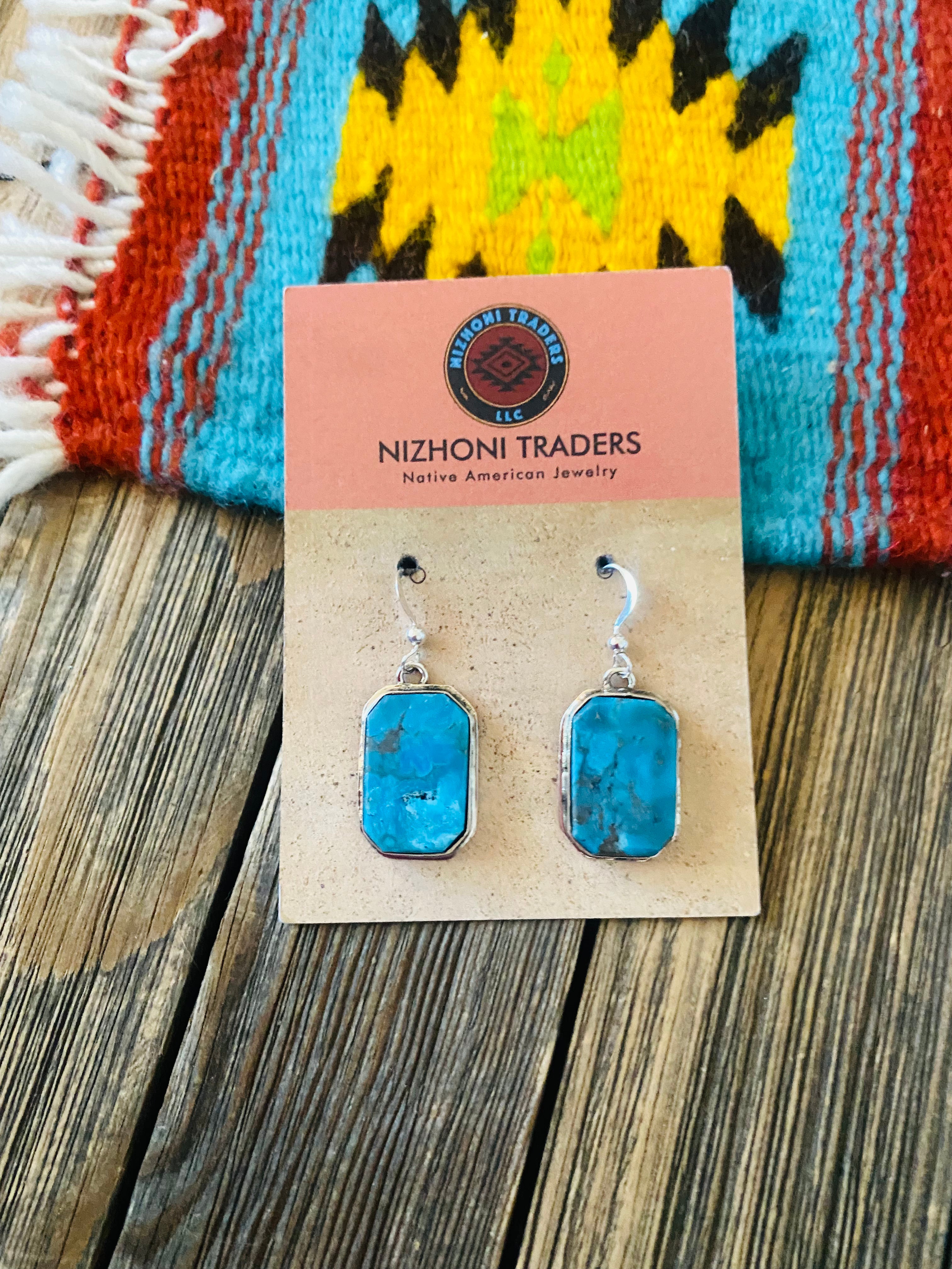 Navajo Kingman Turquoise & Sterling Silver Dangle Earrings Signed