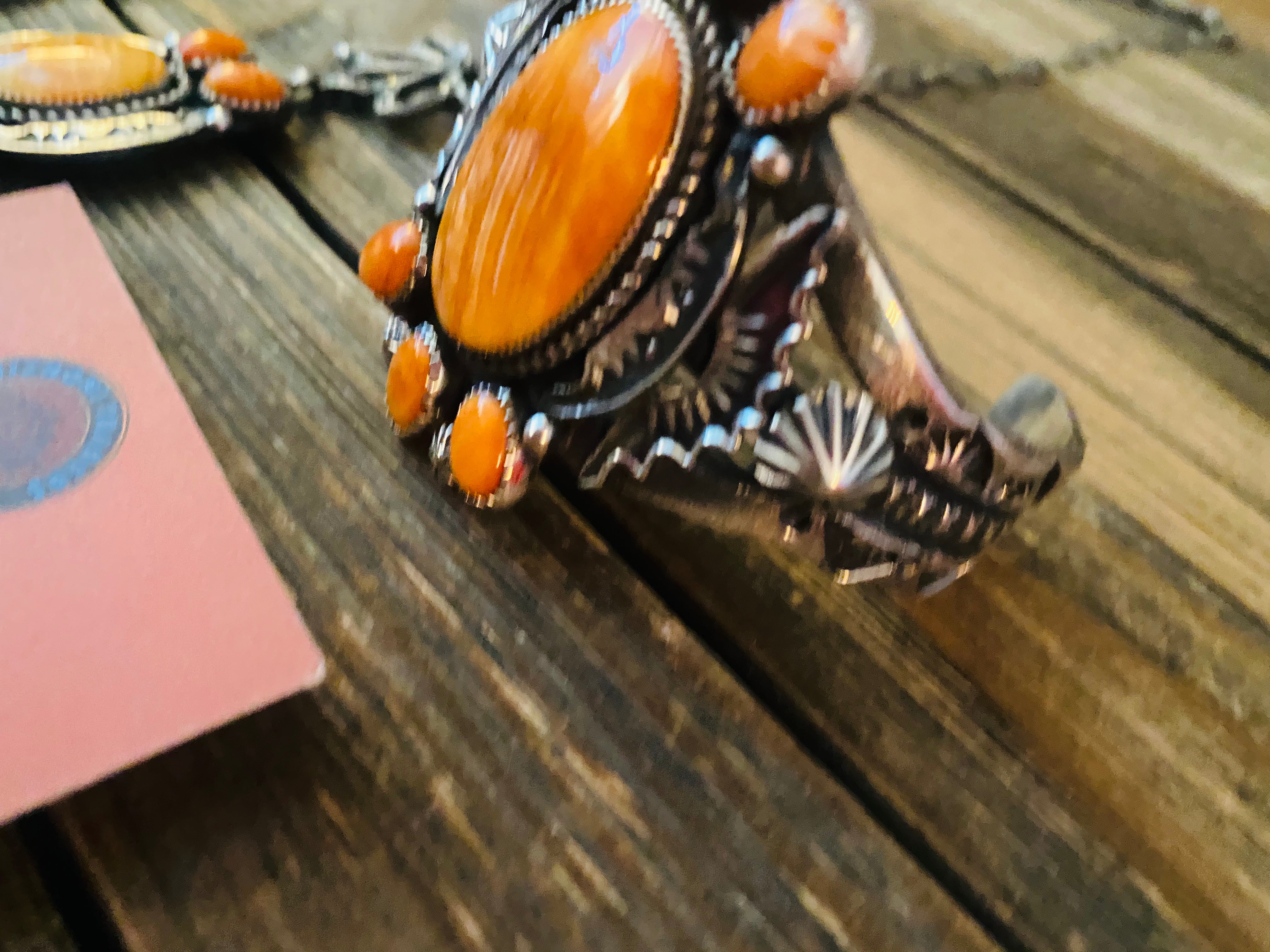 Navajo Orange Spiny And Sterling Silver 4 Piece Set by Kevin Billah