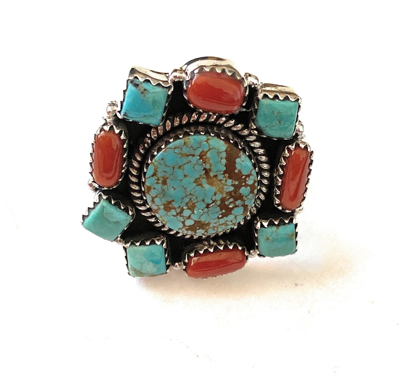 Handmade Sterling Silver, Coral & Number 8 Turquoise Cluster Adjustable Ring