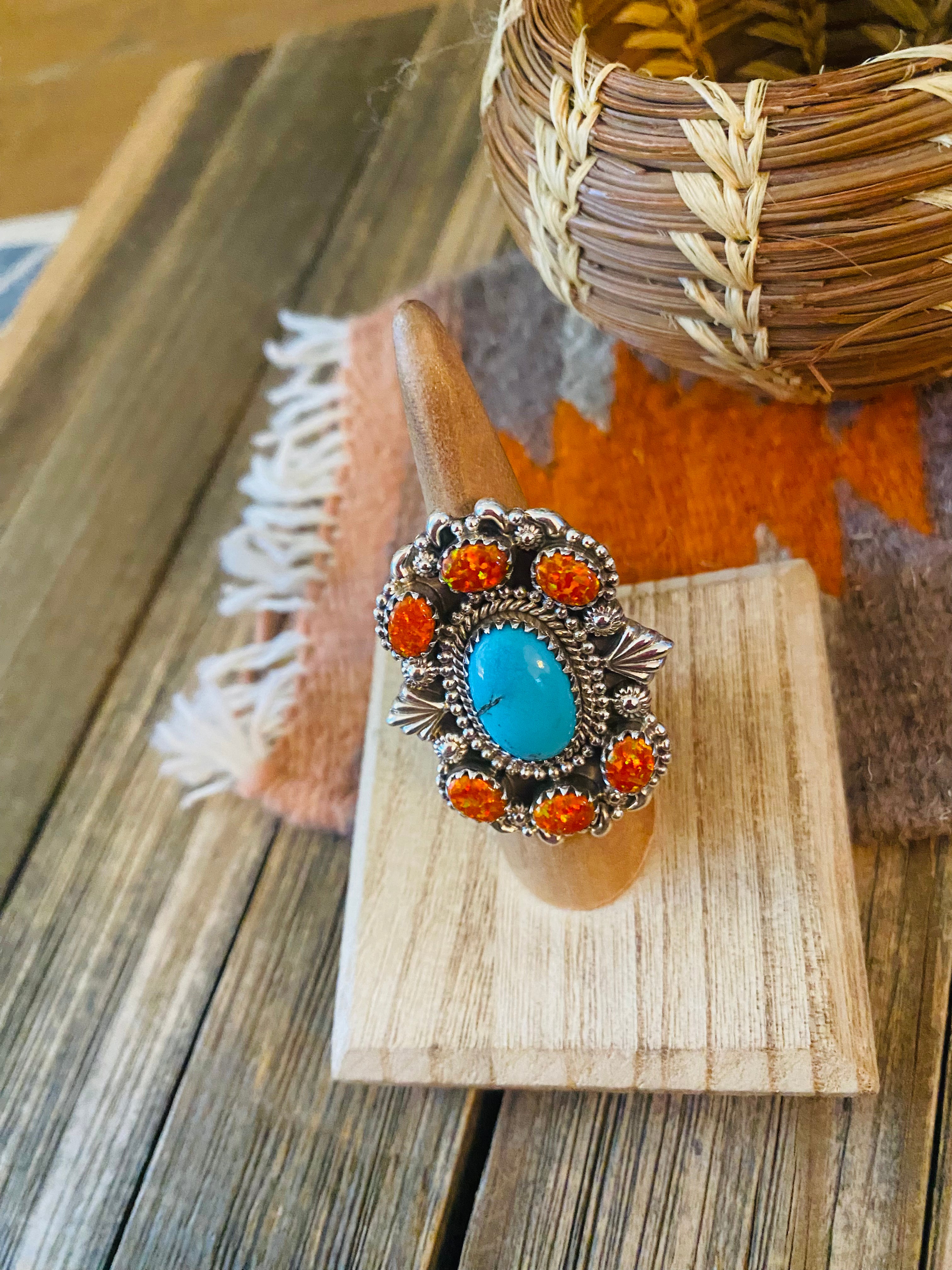 Handmade Sterling Silver, Turquoise & Opal Cluster Adjustable Ring