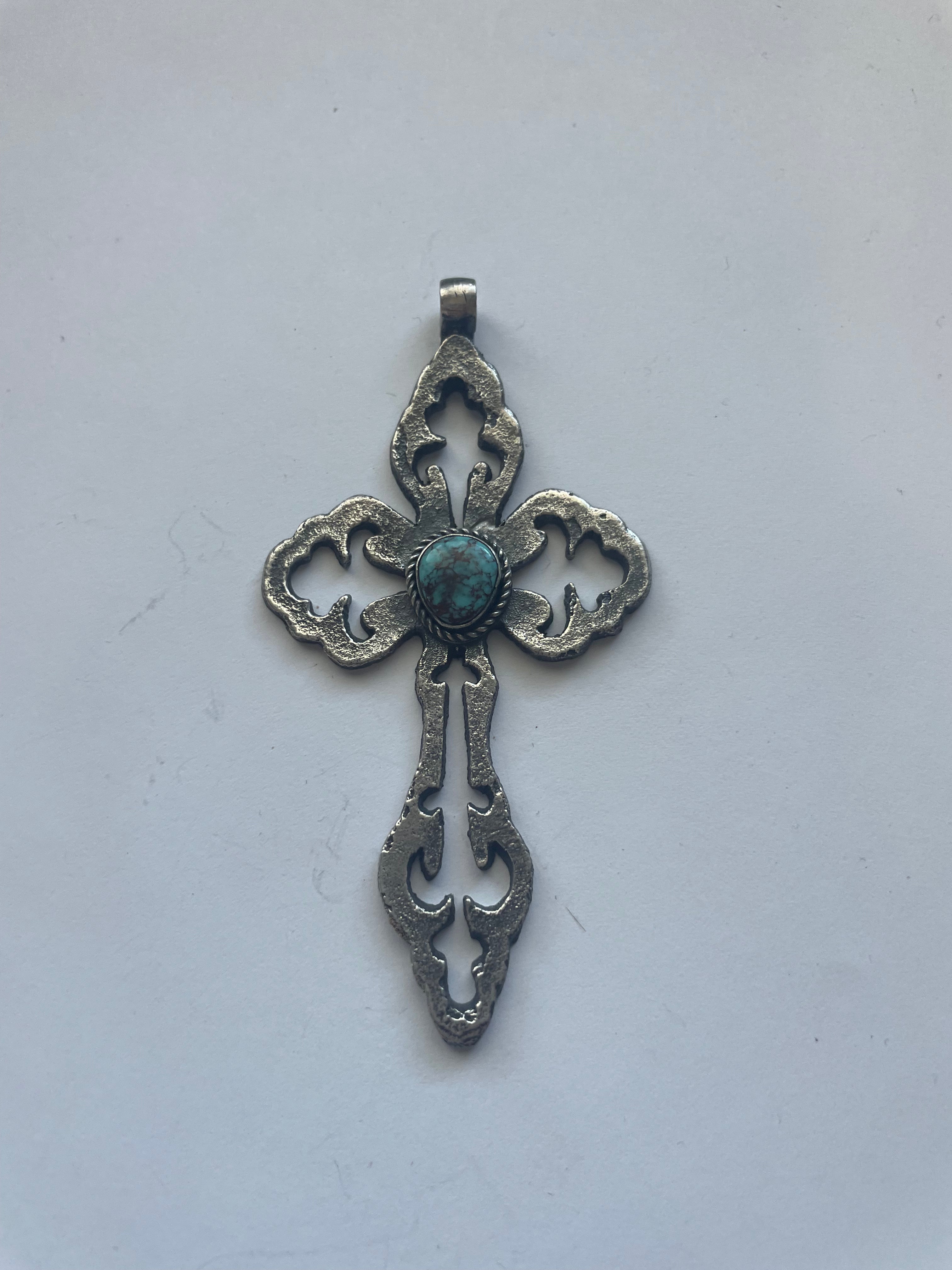 Navajo Sterling Silver & Turquoise Cross Pendant Signed Eugene Mitchell