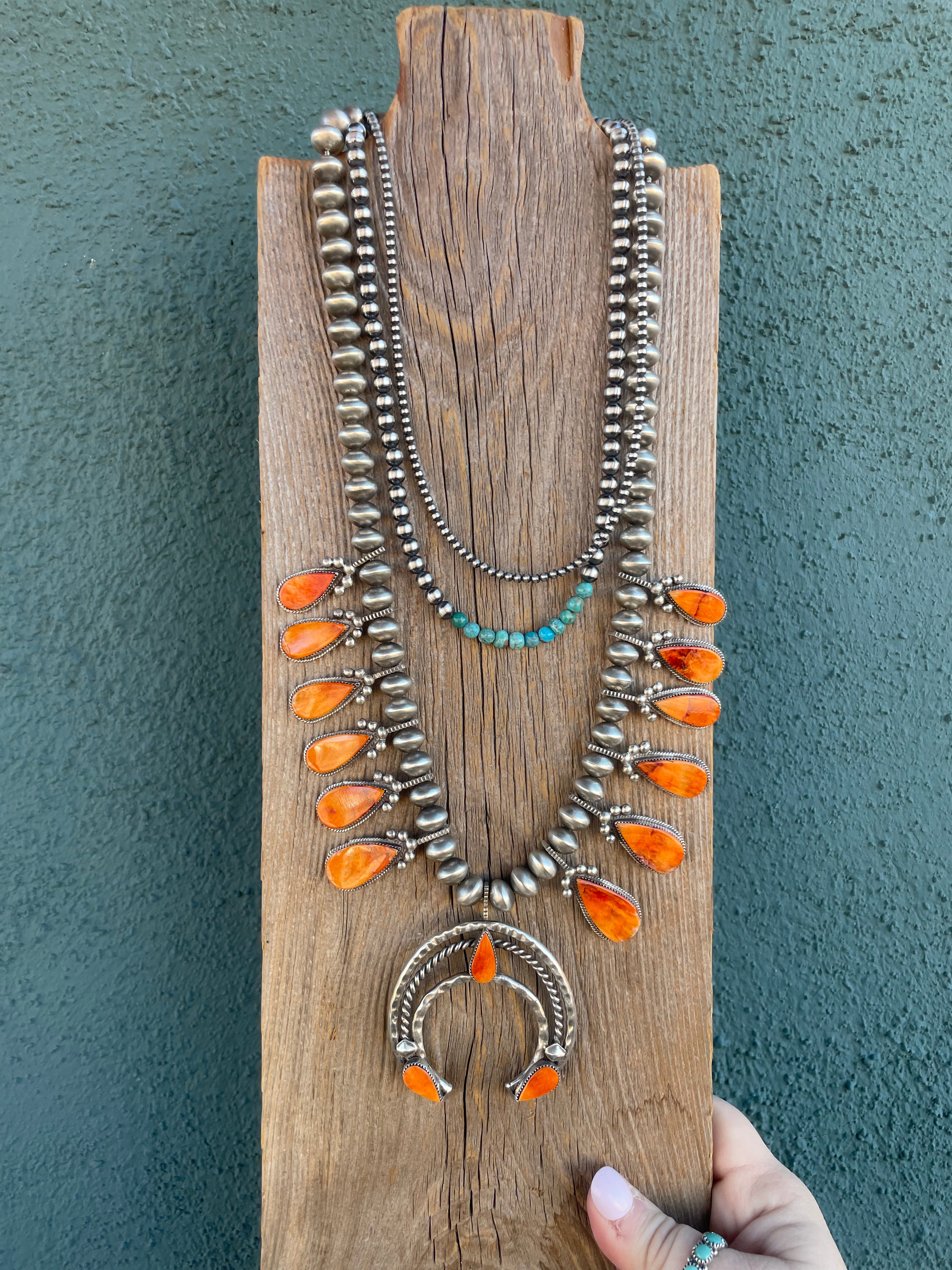 Navajo Orange Spiny And Sterling Silver Squash Blossom Necklace & Earrings Set By Selena Warner