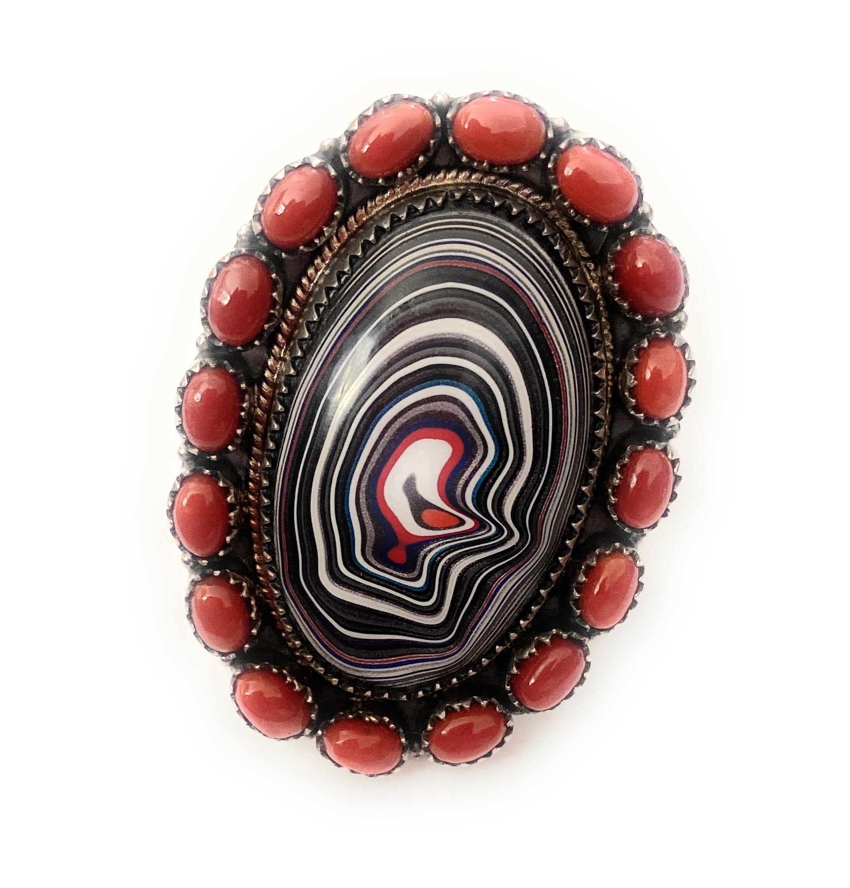 Handmade Sterling Silver, Fordite & Coral Cluster Adjustable Ring