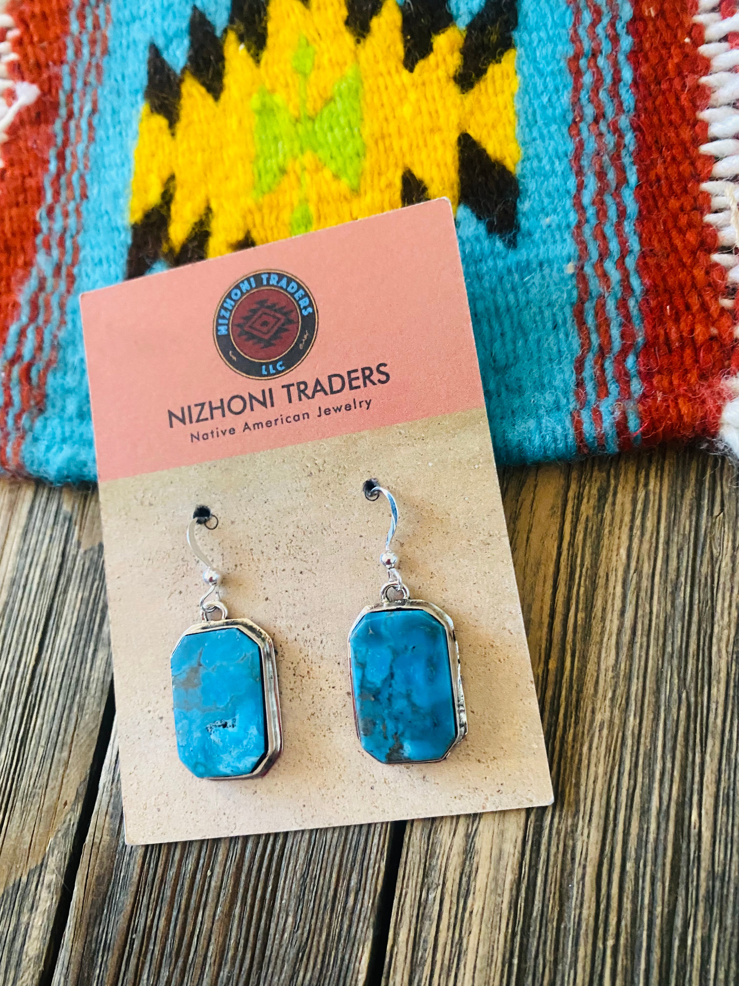 Navajo Kingman Turquoise & Sterling Silver Dangle Earrings Signed