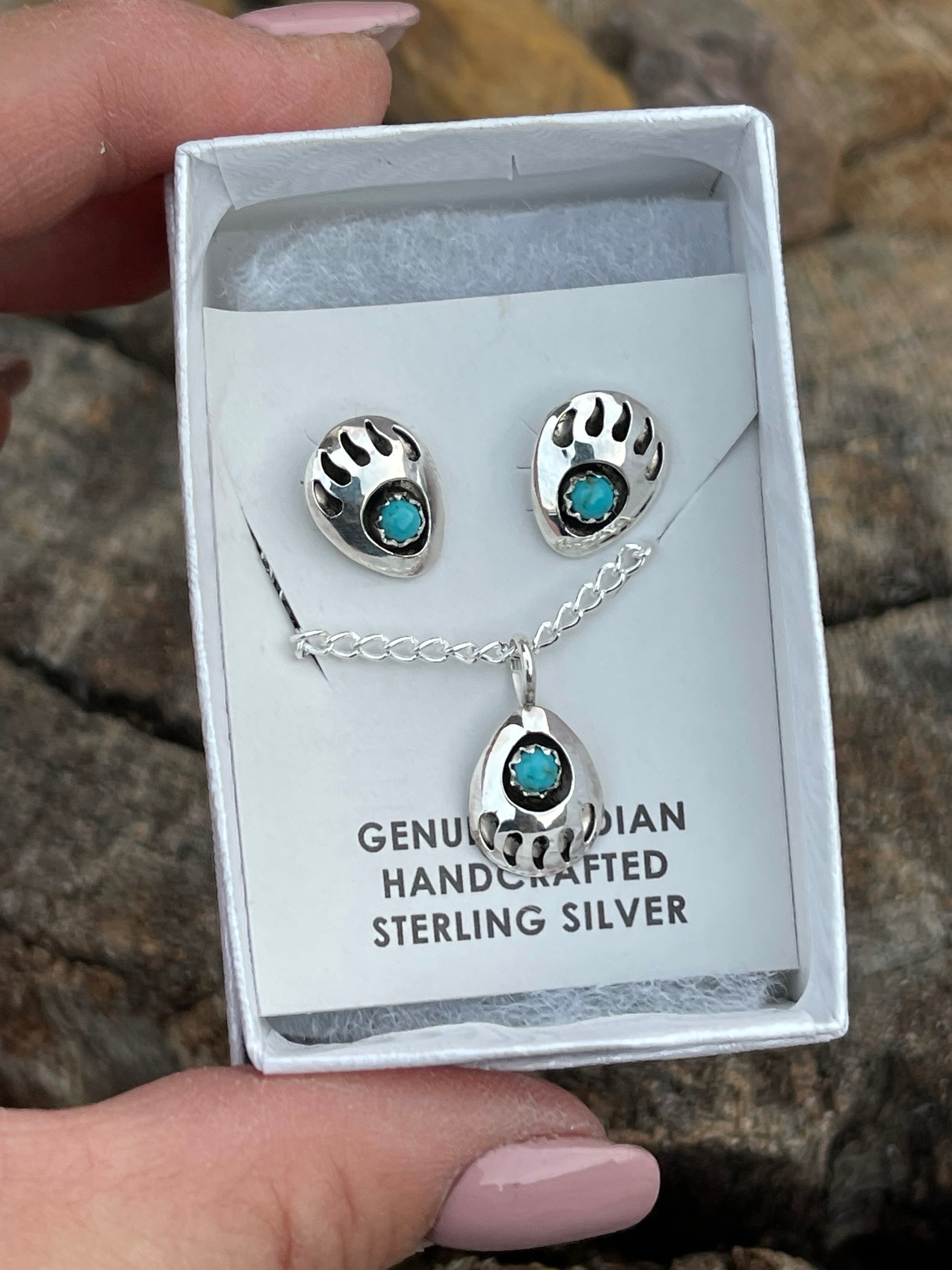 Navajo Sterling Silver Turquoise Bear Paw Set