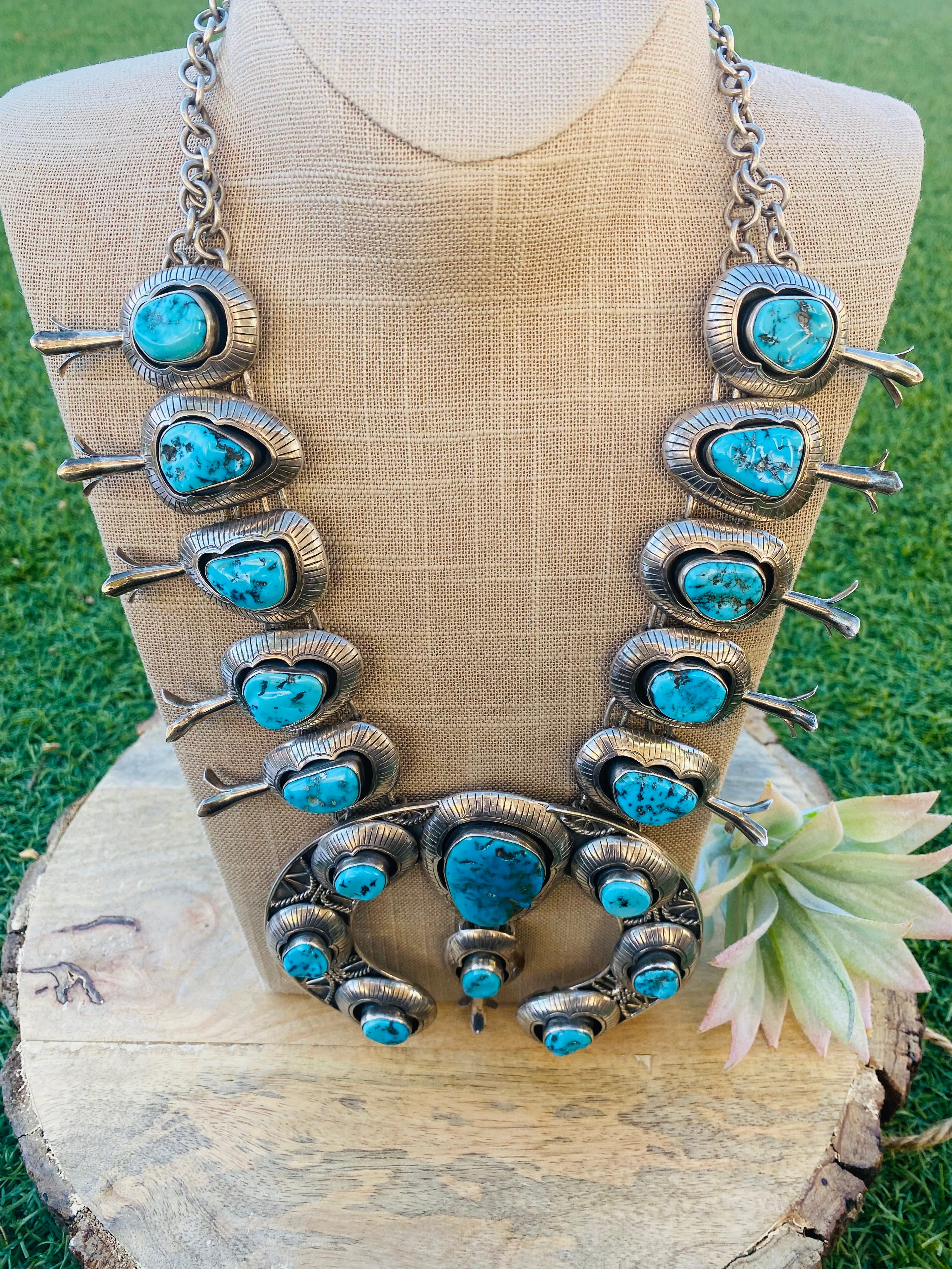Navajo Squash Blossom Necklace Sterling Silver and Turquoise - Ruby Lane