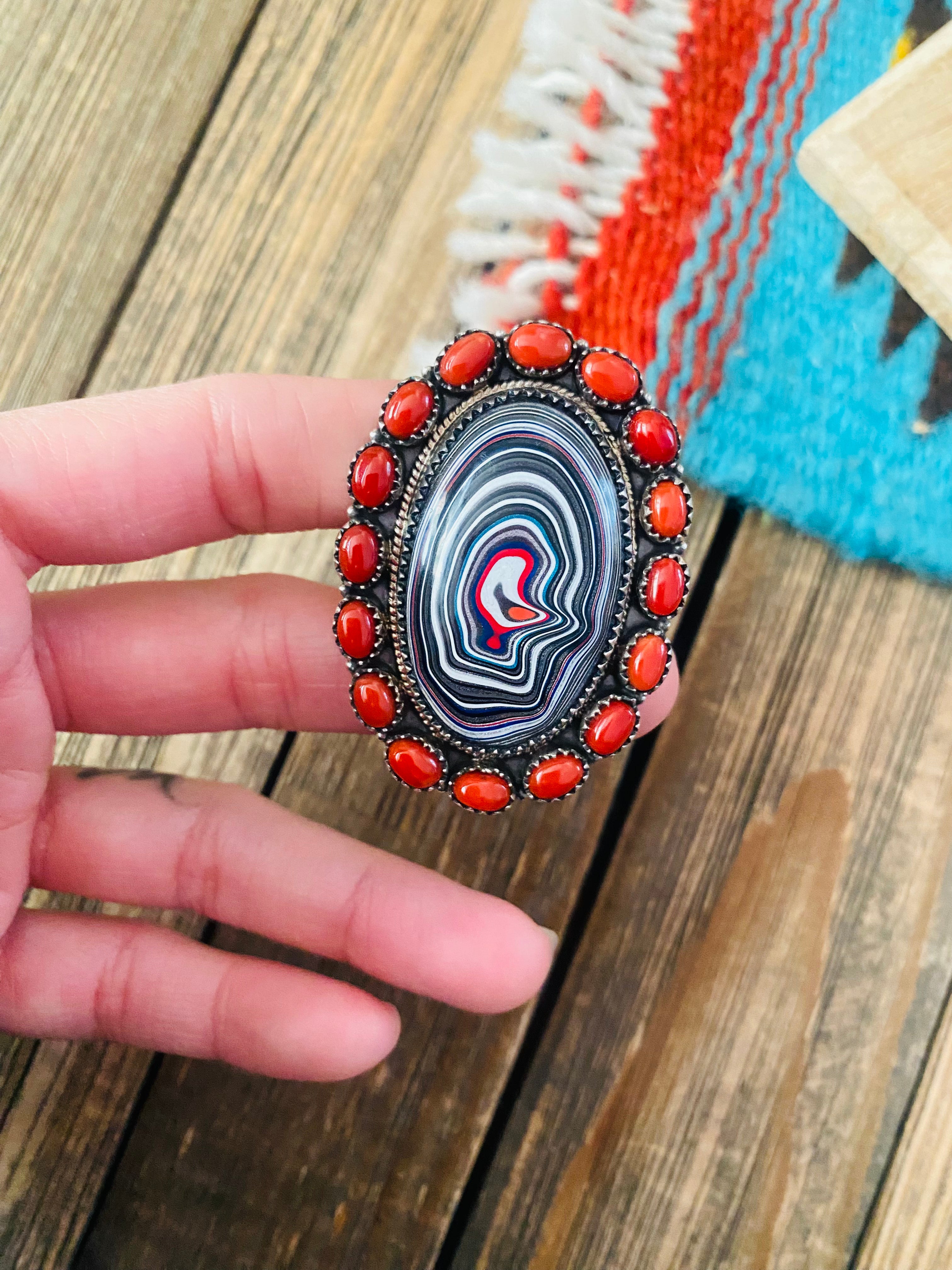 Handmade Sterling Silver, Fordite & Coral Cluster Adjustable Ring