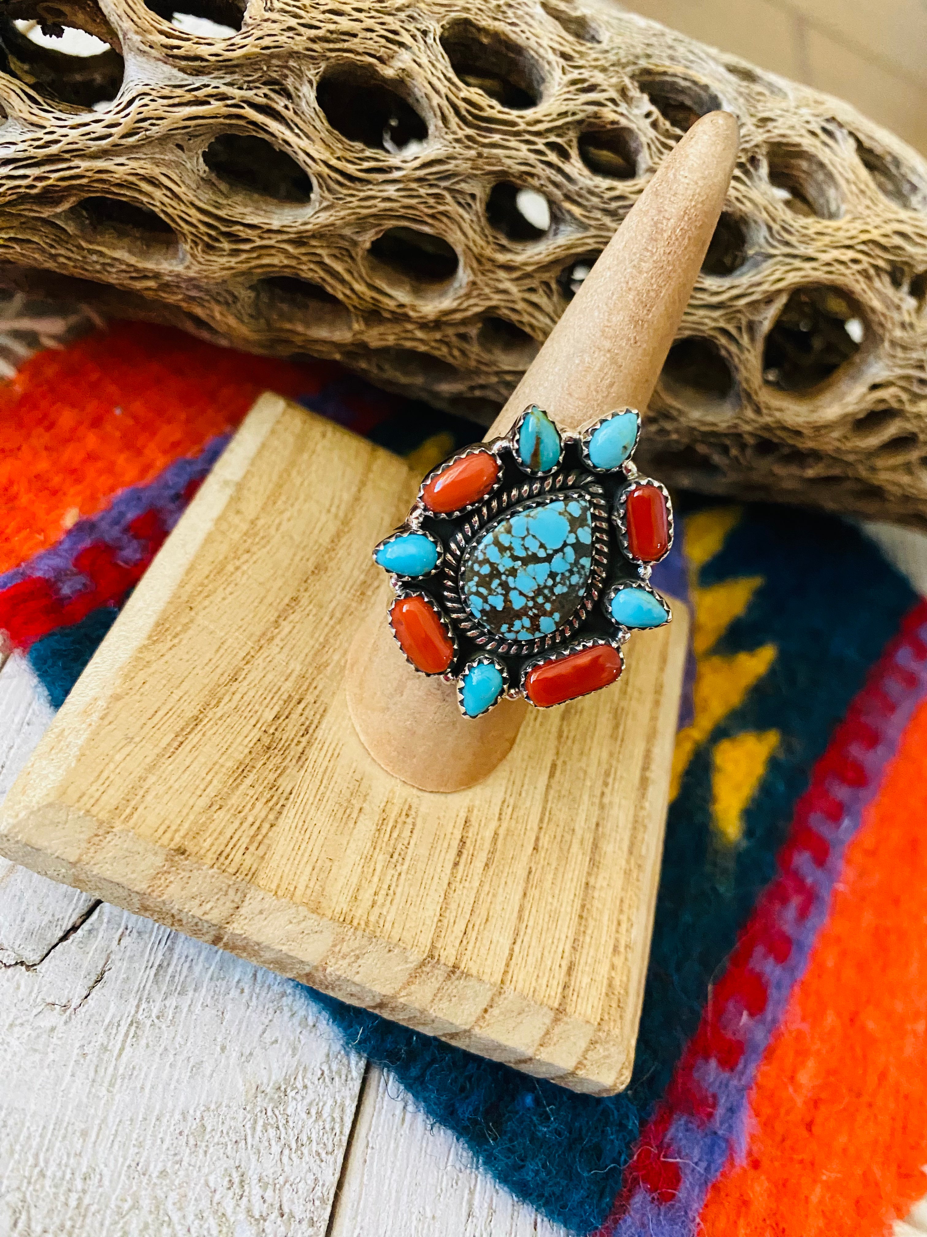 Handmade Sterling Silver, Coral & Number 8 Turquoise Cluster Adjustable Ring