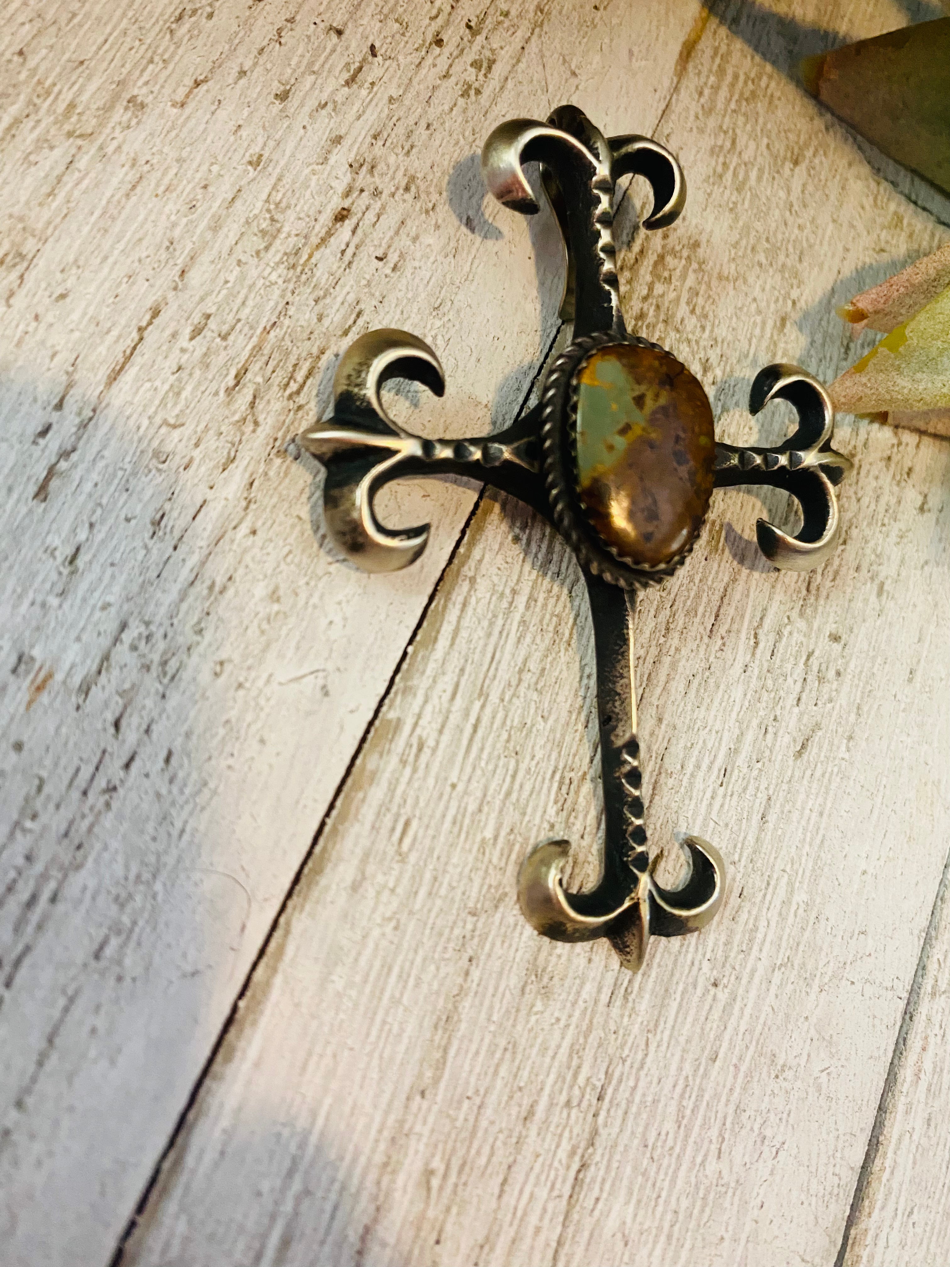 Navajo Sterling Silver & Royston Turquoise Cross Pendant By Martha Cayatineto