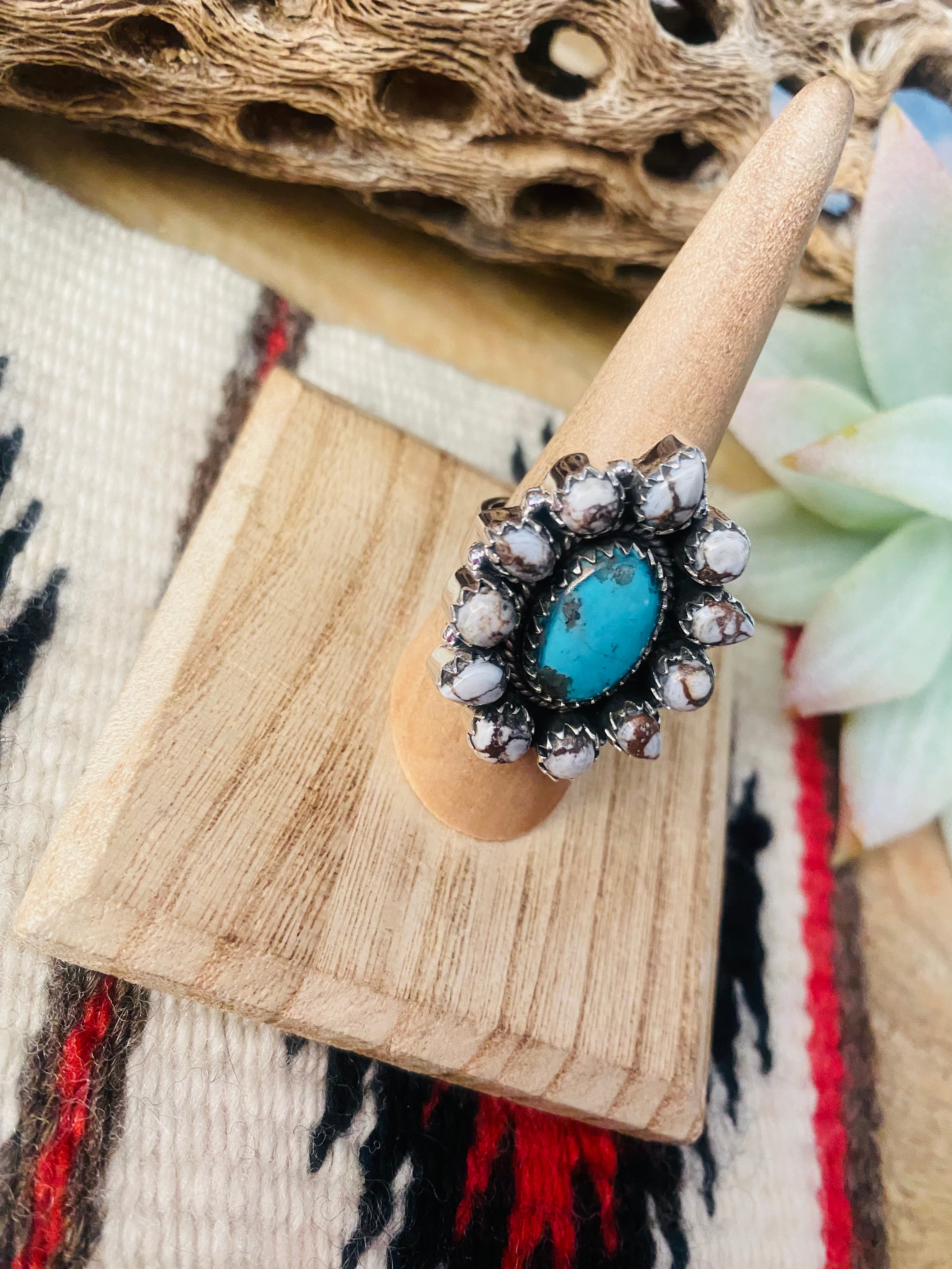 Handmade Sterling Silver, Wild Horse & Turquoise Cluster Adjustable Ring