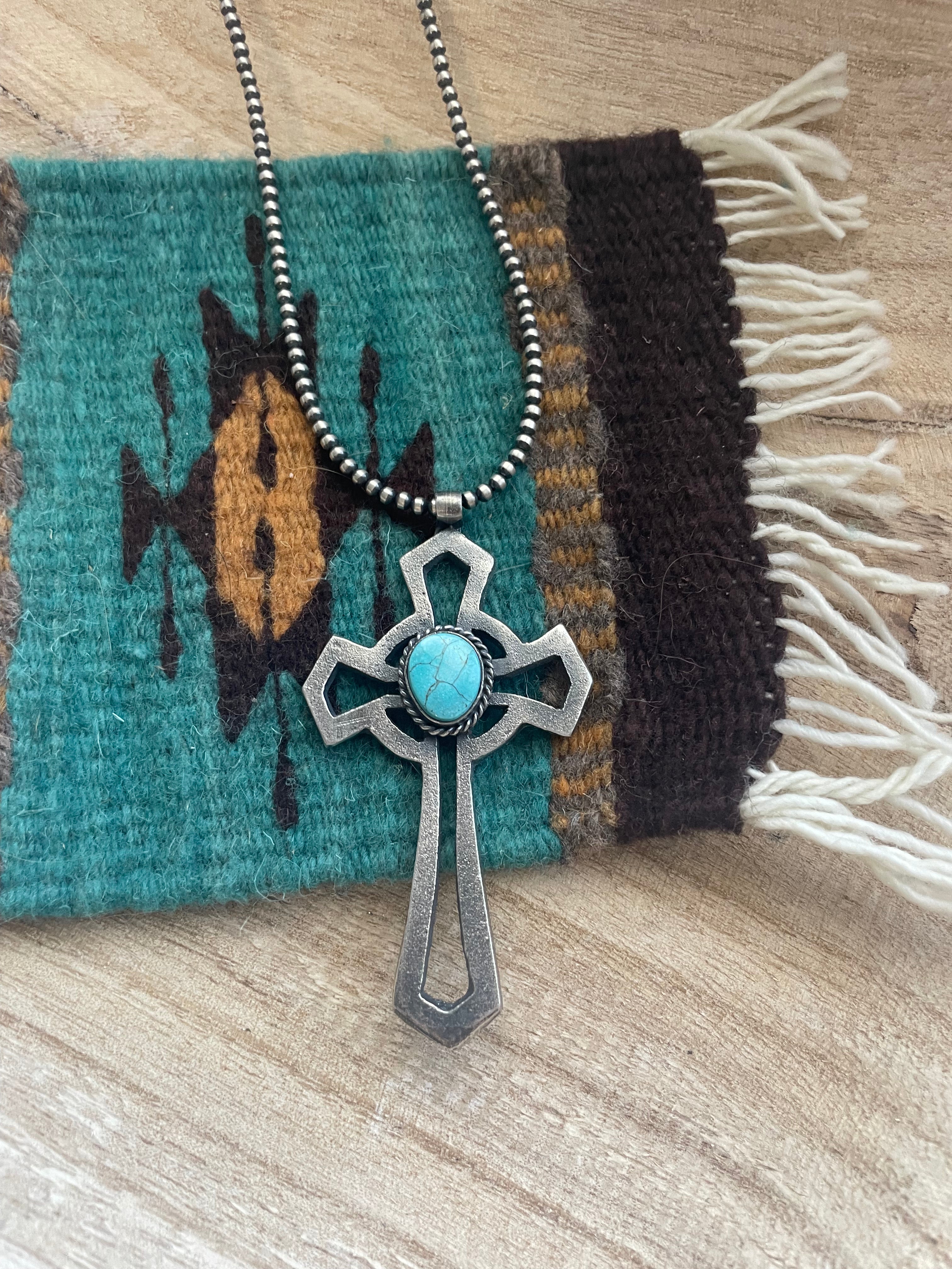 Navajo Sterling Silver & Turquoise Cross Pendant Signed Eugene Mitchell