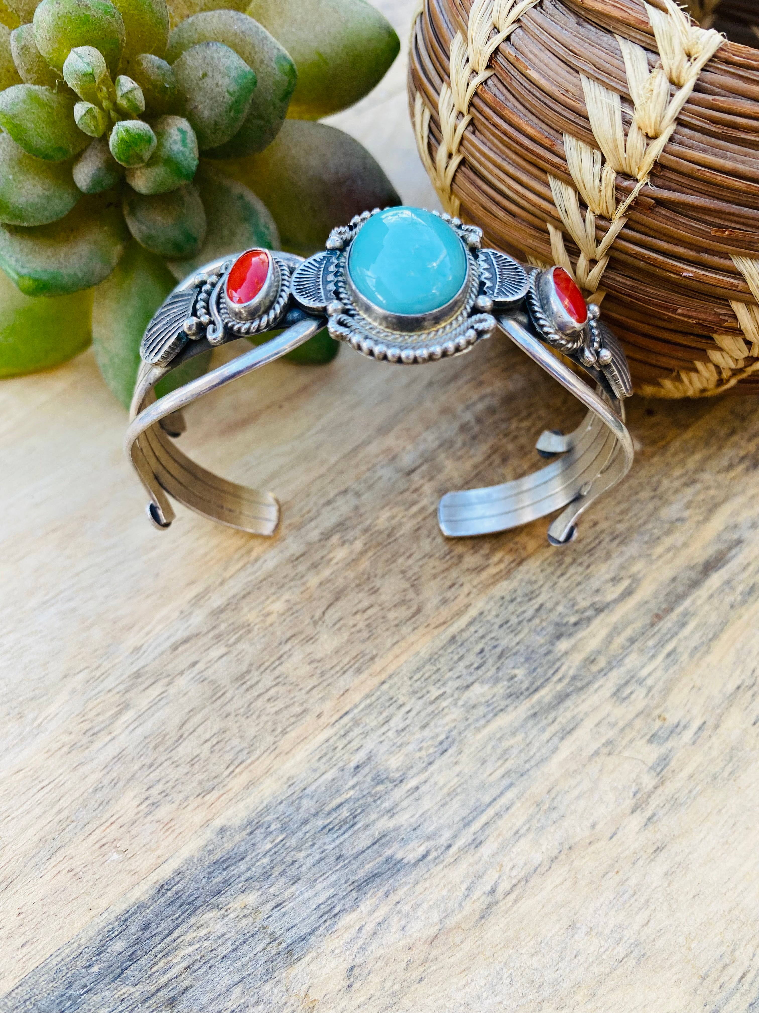 Vintage Navajo Turquoise, Coral & Sterling Silver Cuff Bracelet Signed