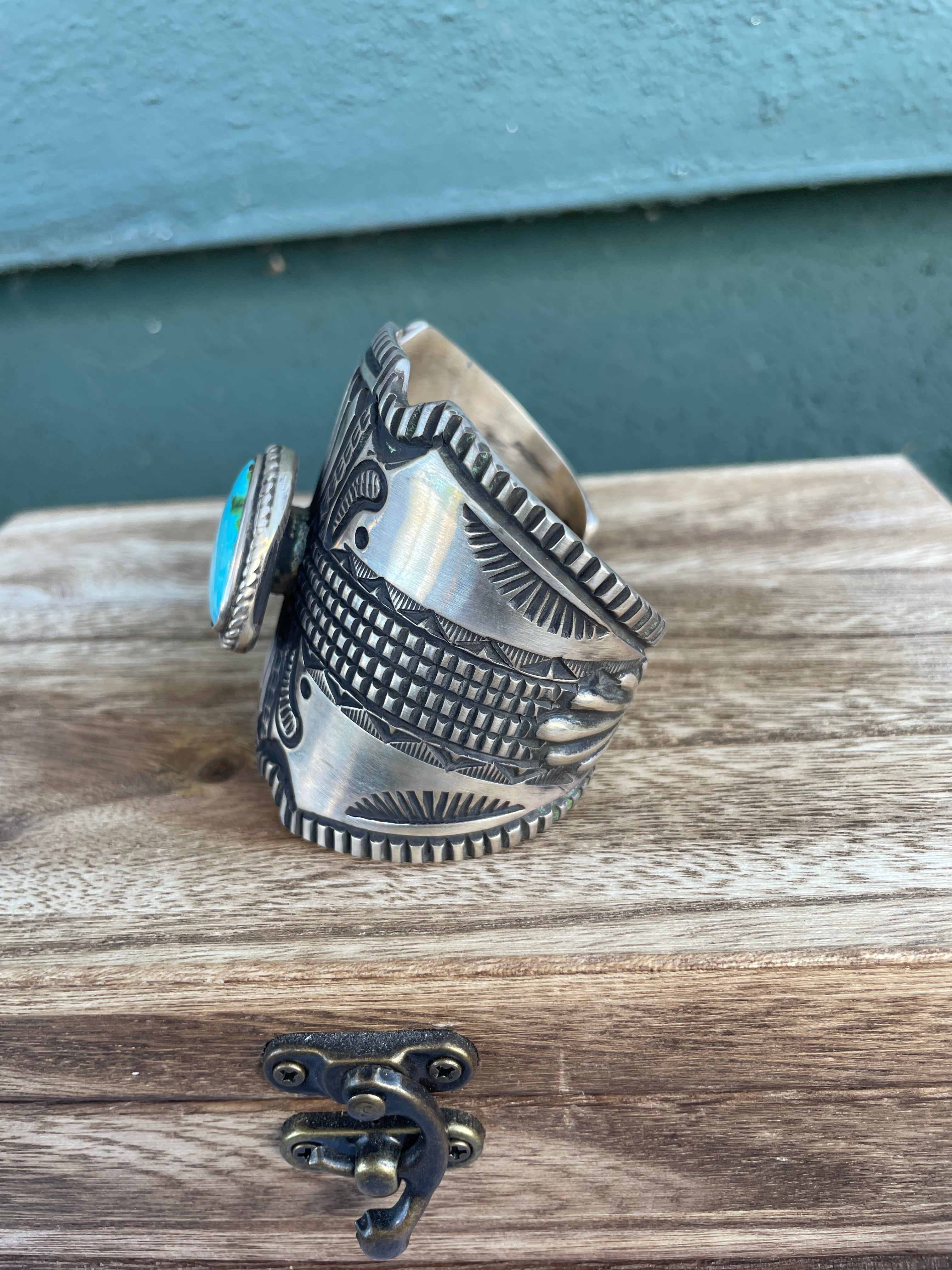 Navajo Hand Stamped Turquoise And Sterling Silver Cuff Bracelet By Elvira Bill