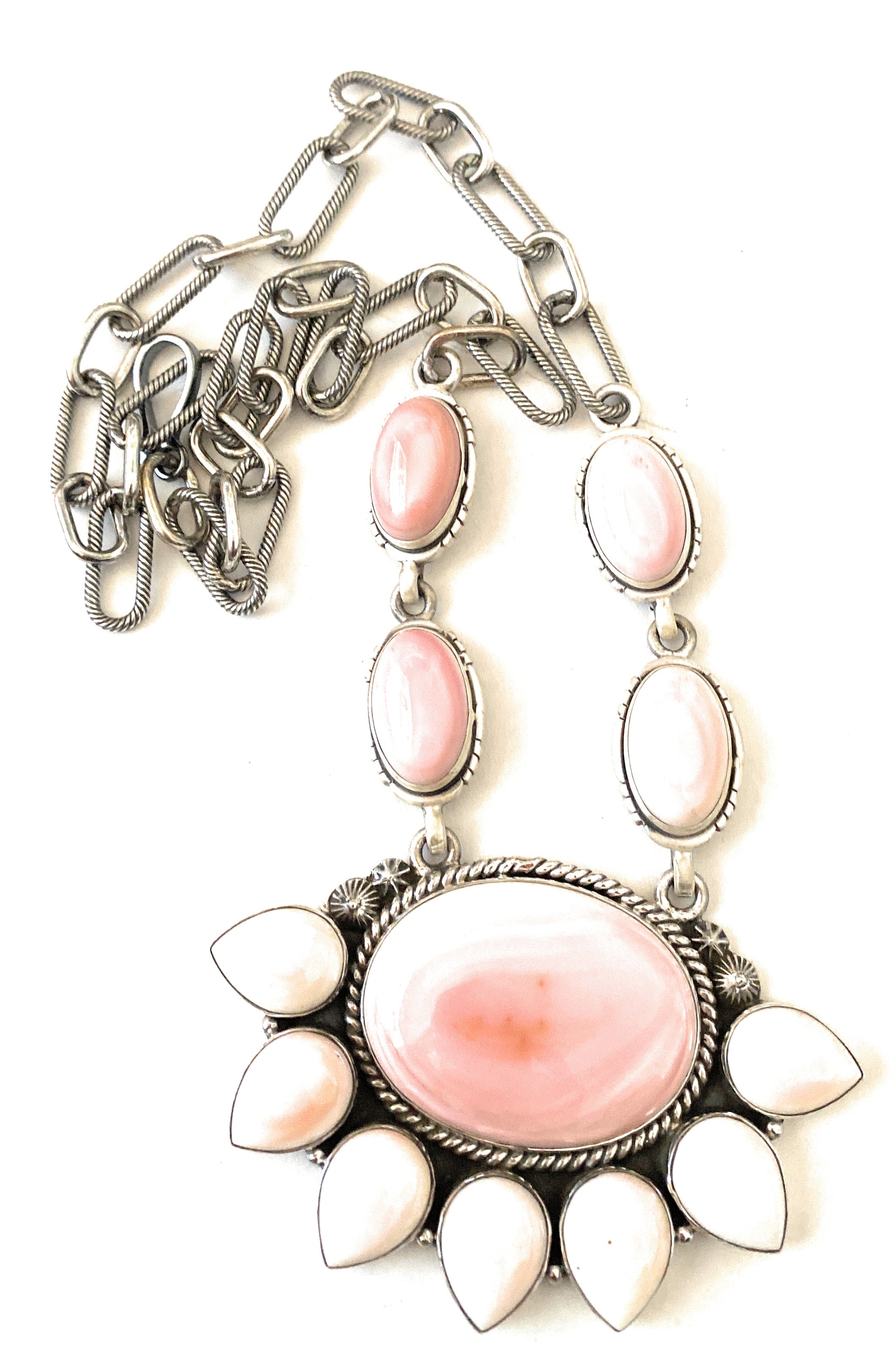 Navajo Queen Pink Conch Shell And Sterling Silver Cluster Necklace