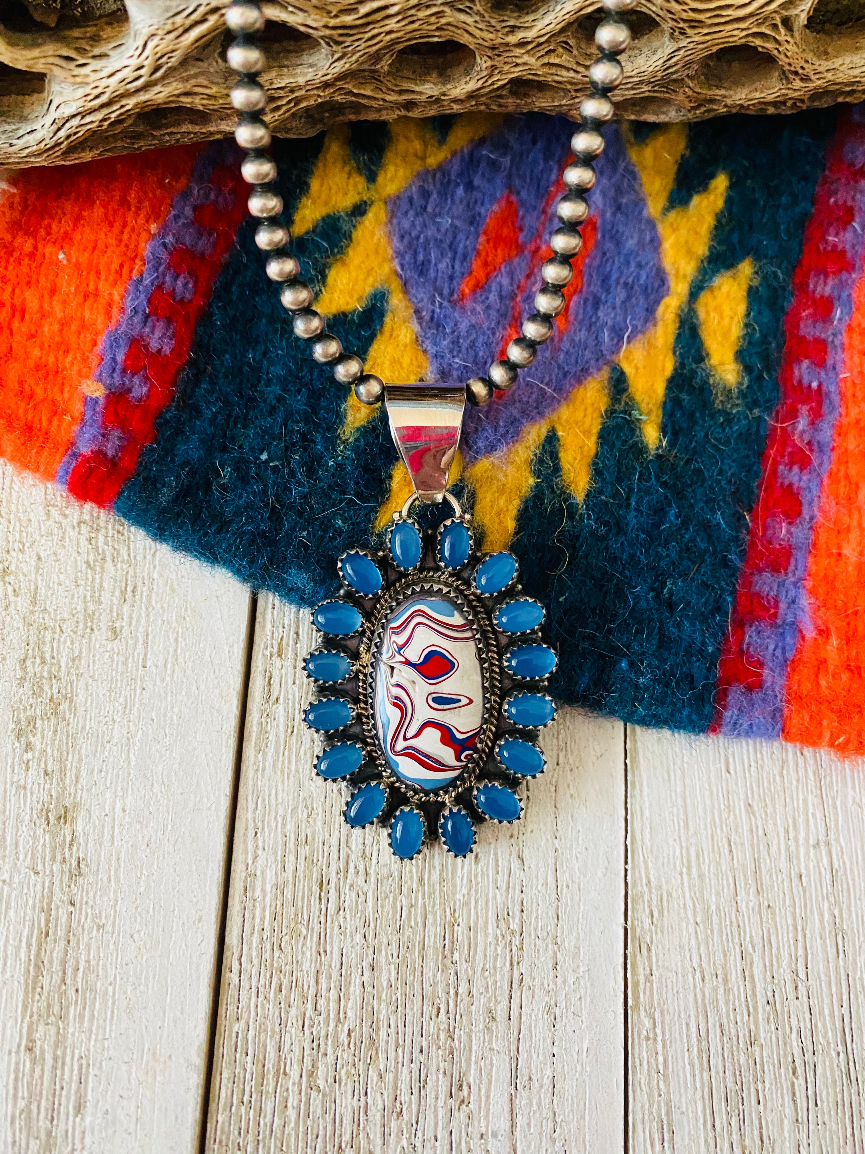 Handmade Sterling Silver, Fordite & Blue Calcedony Cluster Pendant