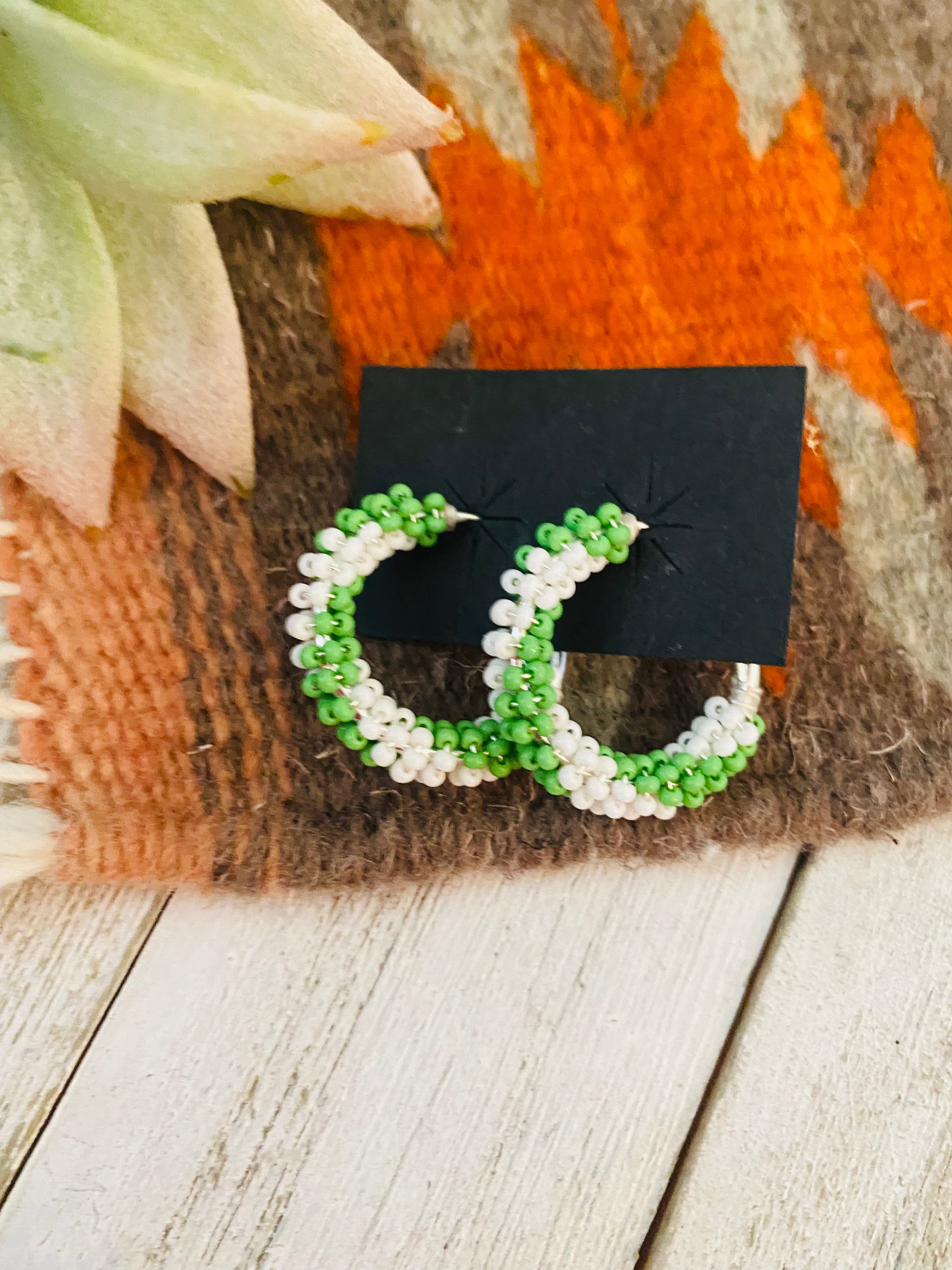 Navajo Handmade Beaded Hoop Earrings- green/white