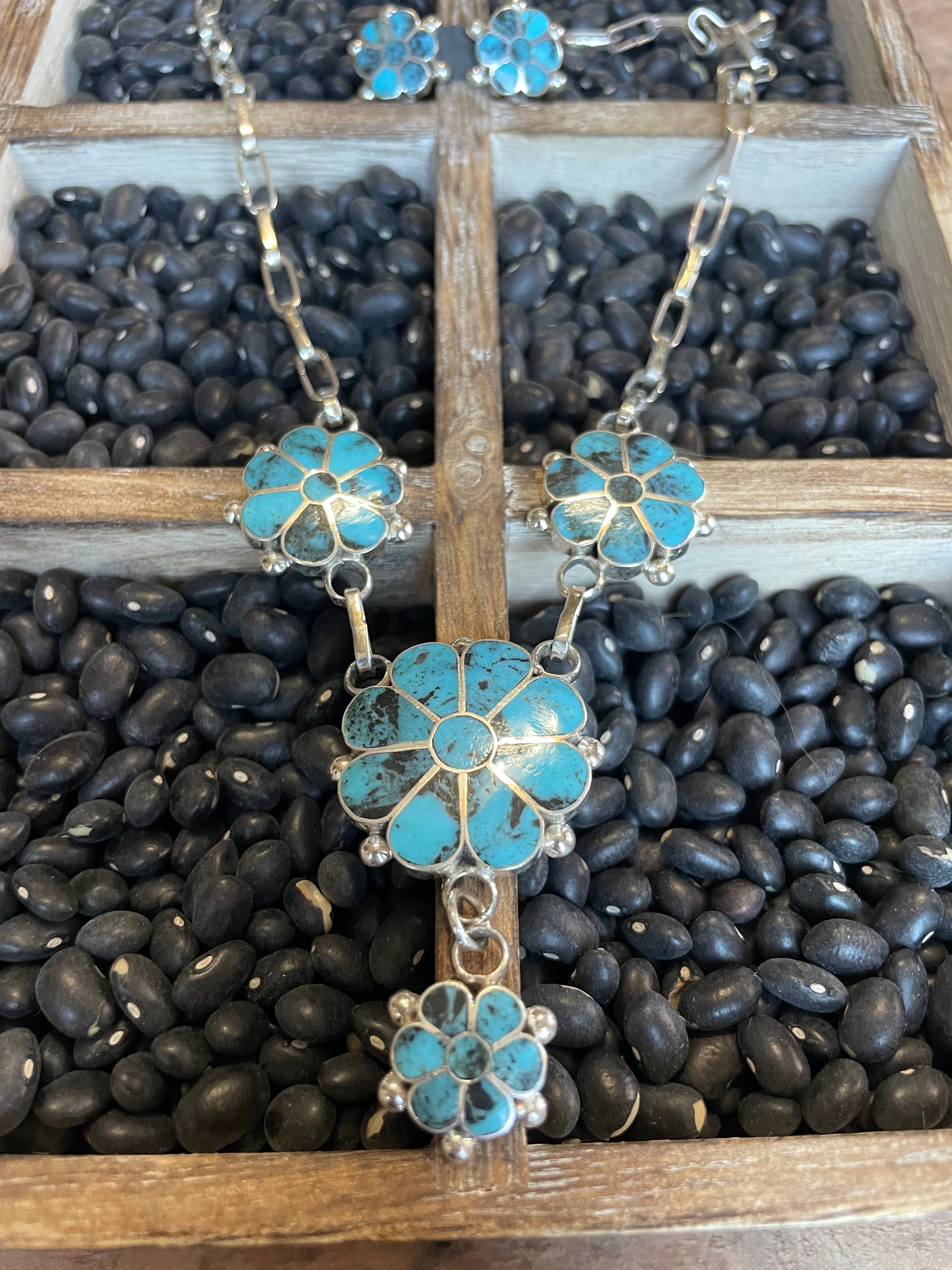 Zuni Sterling Silver & Turquoise Flower Necklace Earrings Set Signed