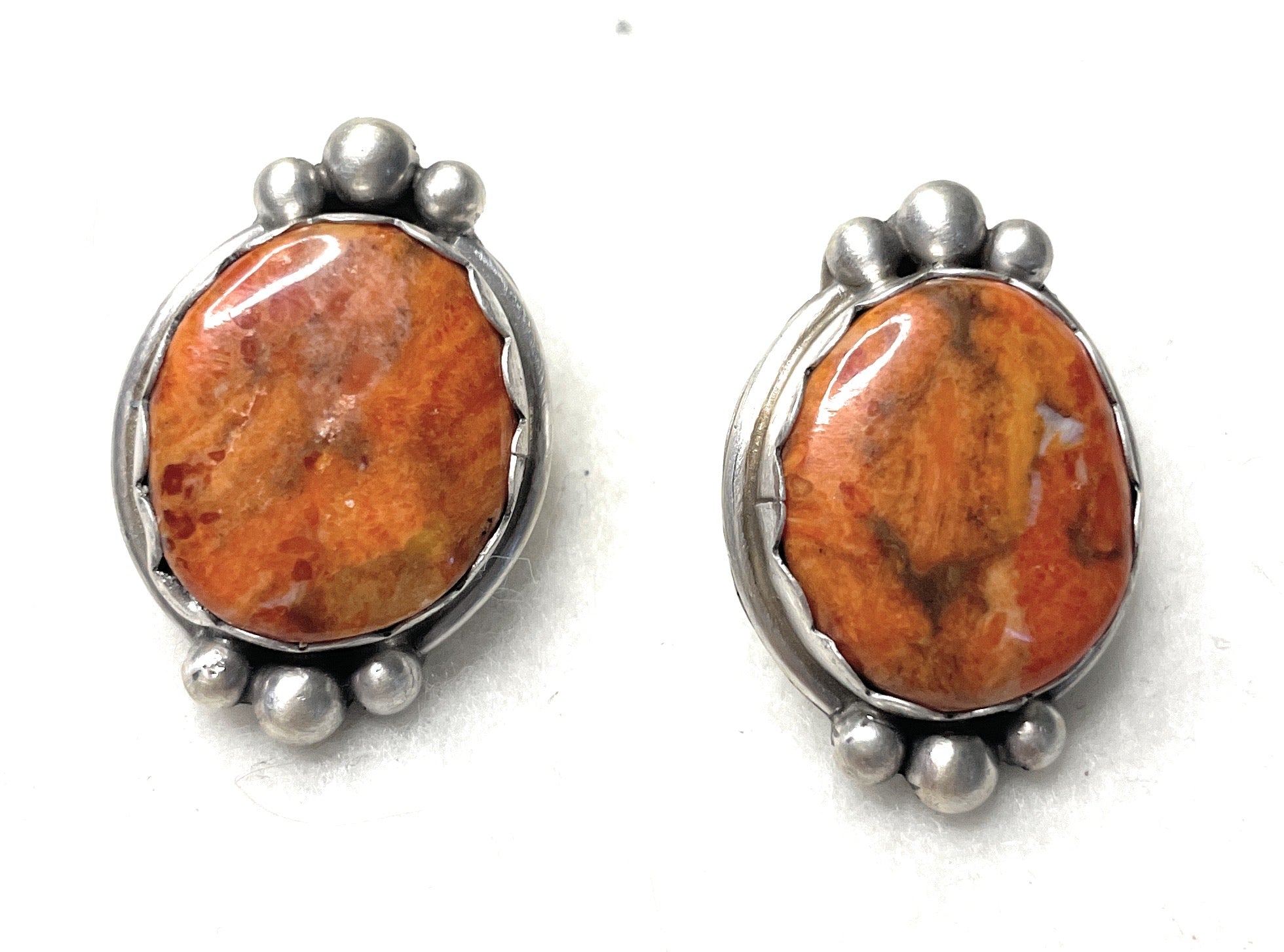 Navajo Apple Coral And Sterling Silver Post Earrings Signed