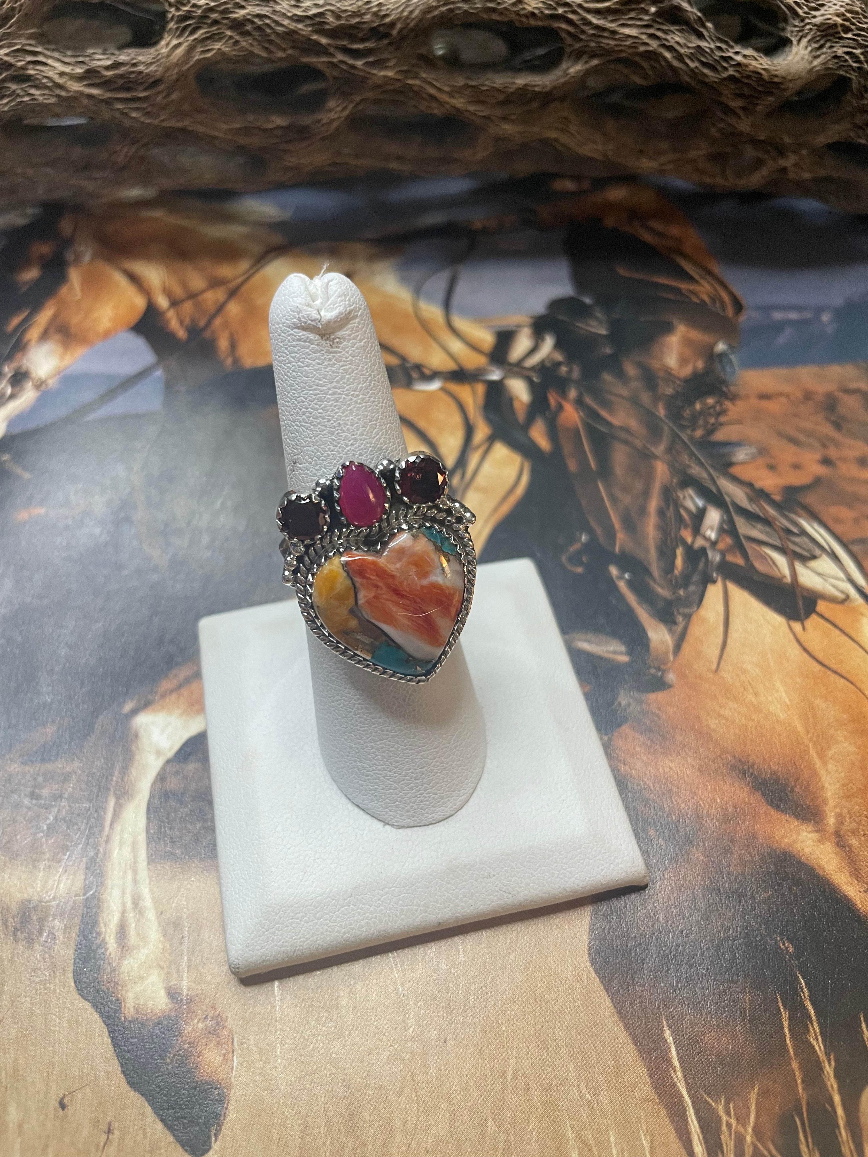 Handmade Spice & Pink Onyx Adjustable Heart Ring