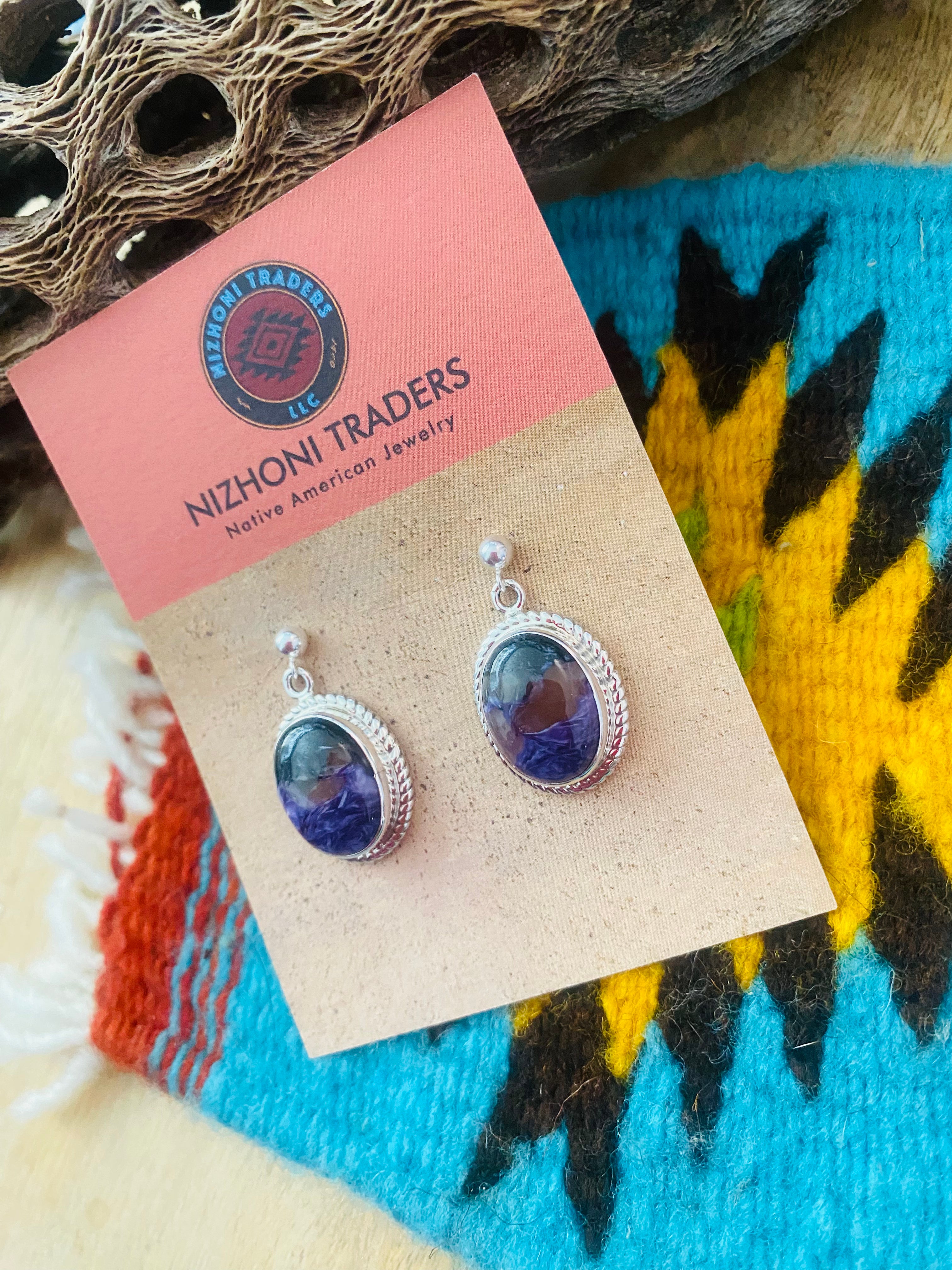 Navajo Charoite & Sterling Silver Dangle Earrings Signed