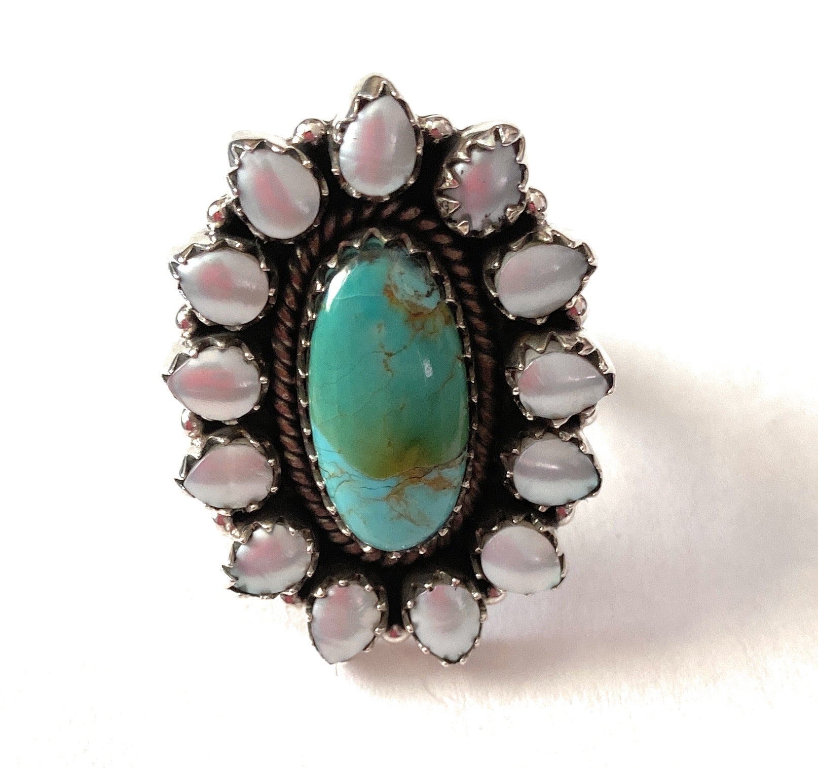 Handmade Sterling Silver, Turquoise & Pearl Cluster Adjustable Ring