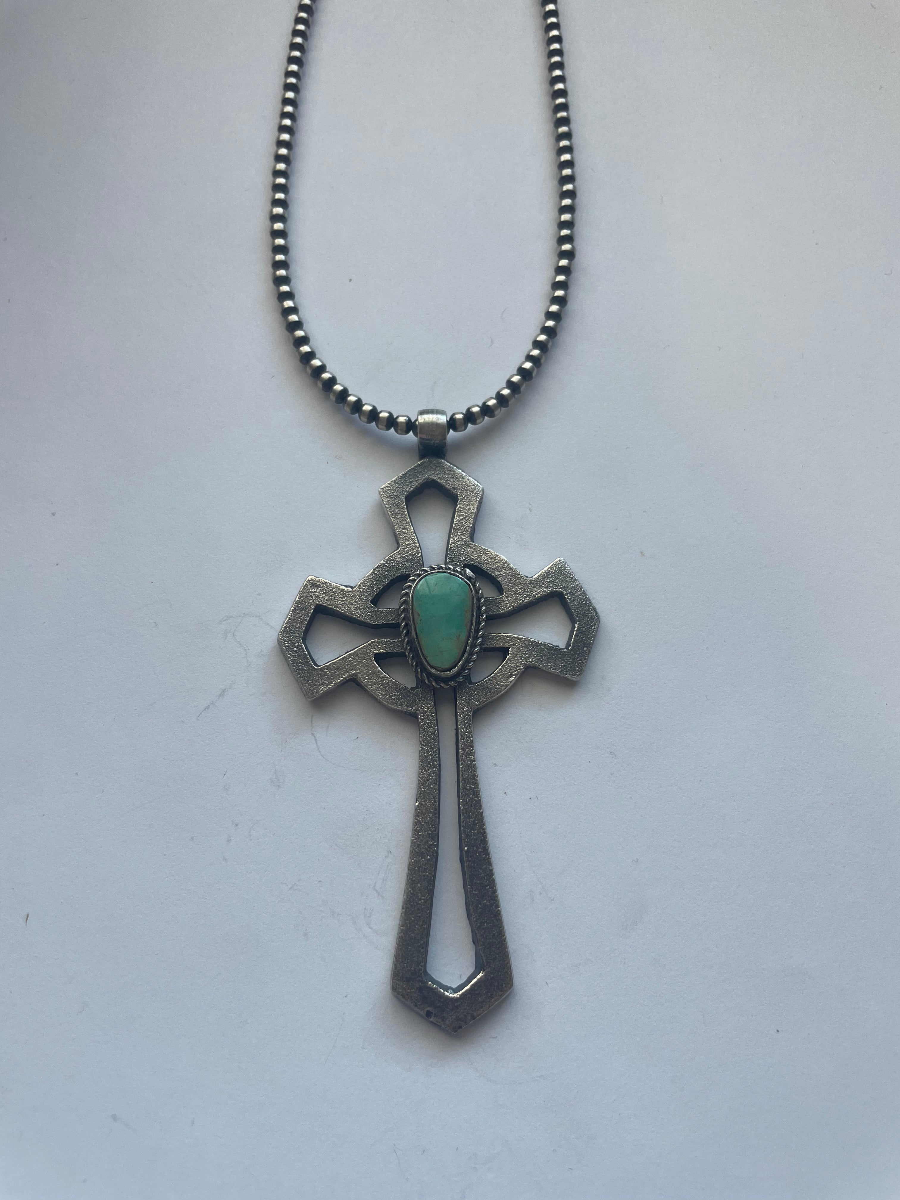 Navajo Sterling Silver & Turquoise Cross Pendant Signed Eugene Mitchell