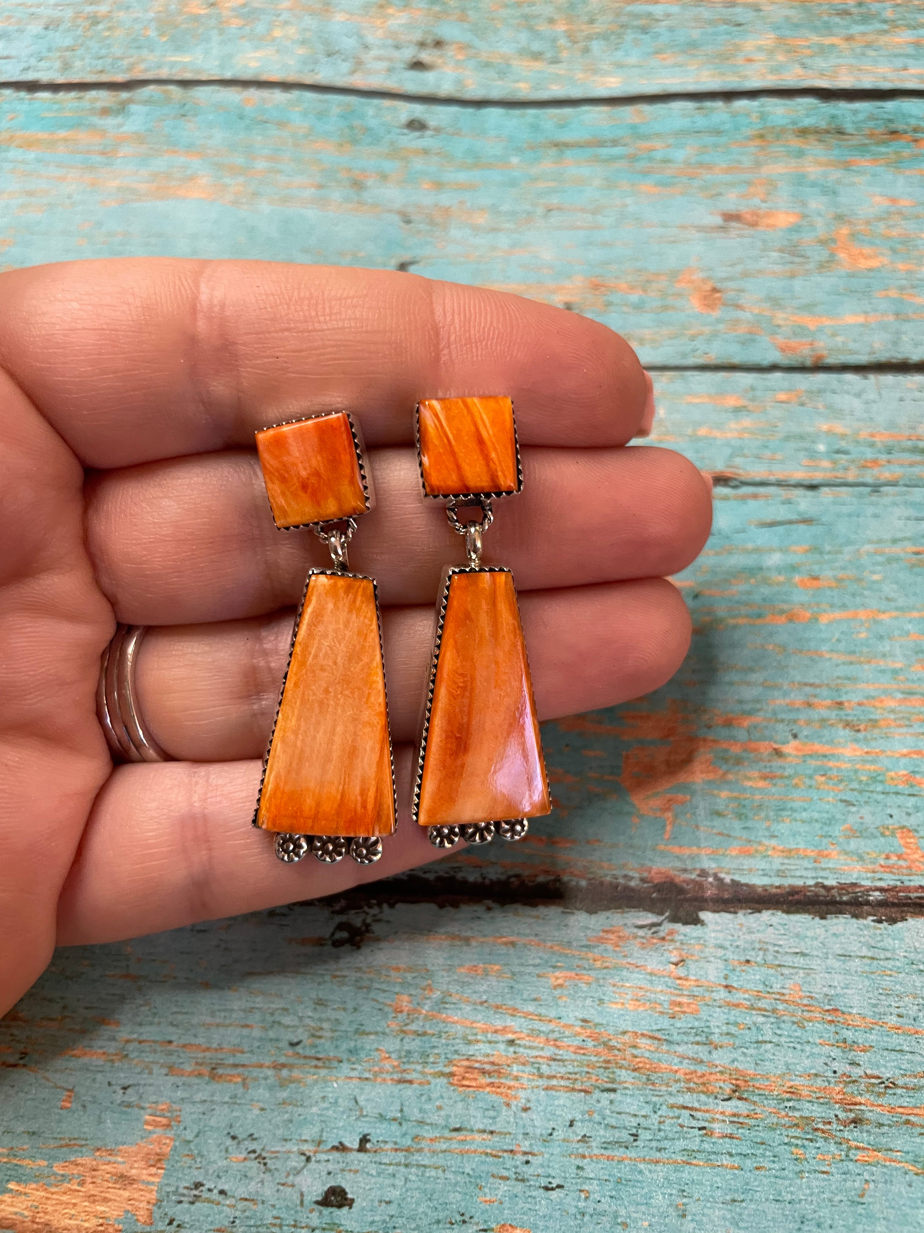 Navajo Sterling Silver And Coral Dangle Earrings